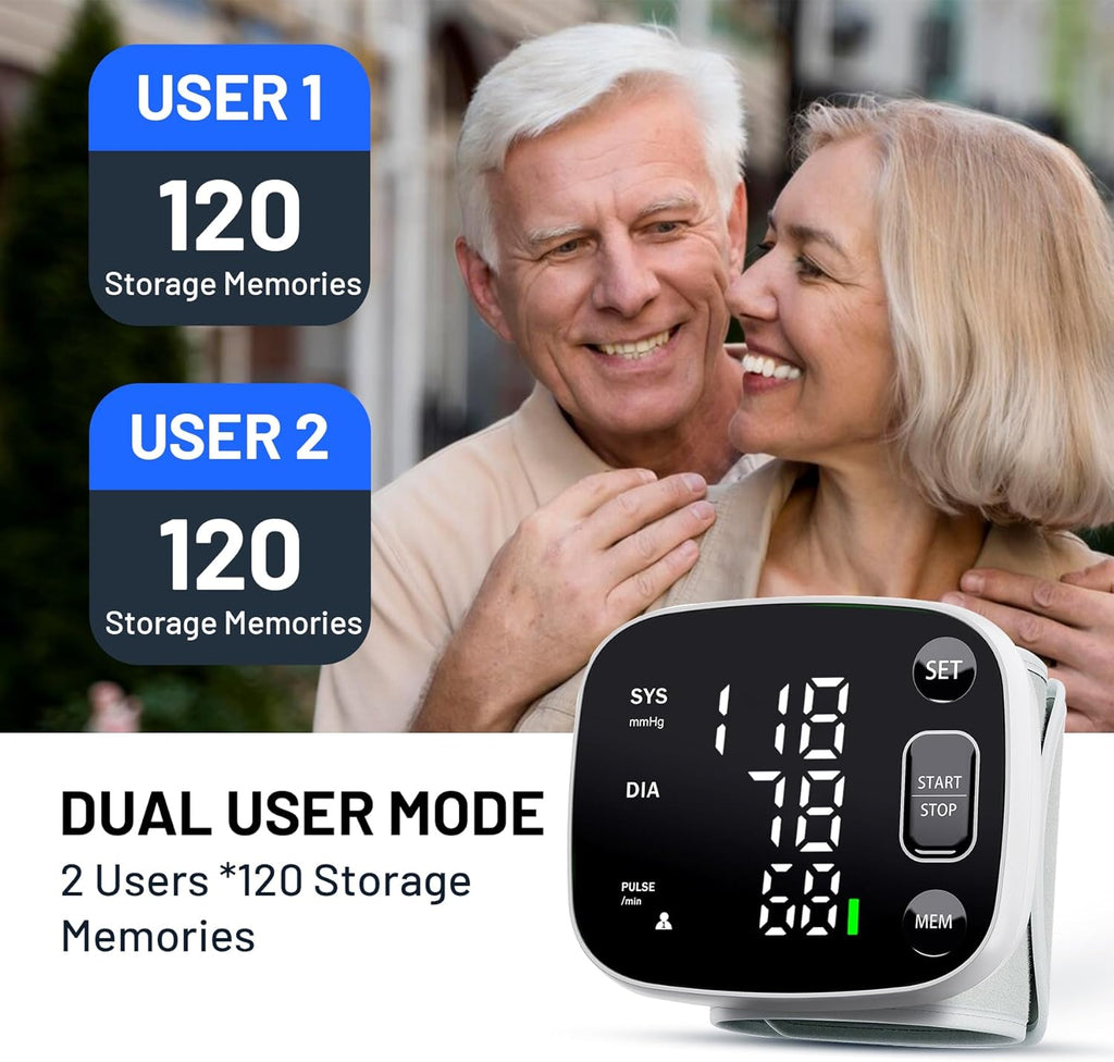 Rechargeable Wrist Blood Pressure Monitor for Home Use, Adjustable Cuff, Voice, 2 Users

