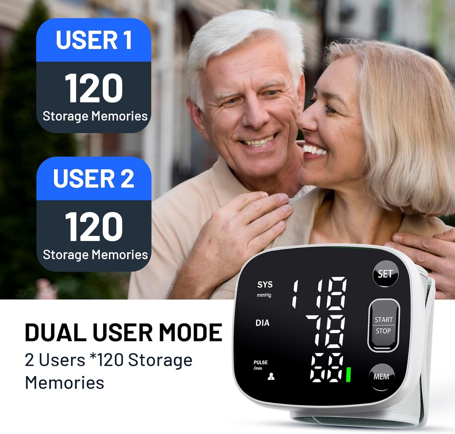 Rechargeable Wrist Blood Pressure Monitor for Home Use, Adjustable Cuff, Voice, 2 Users


