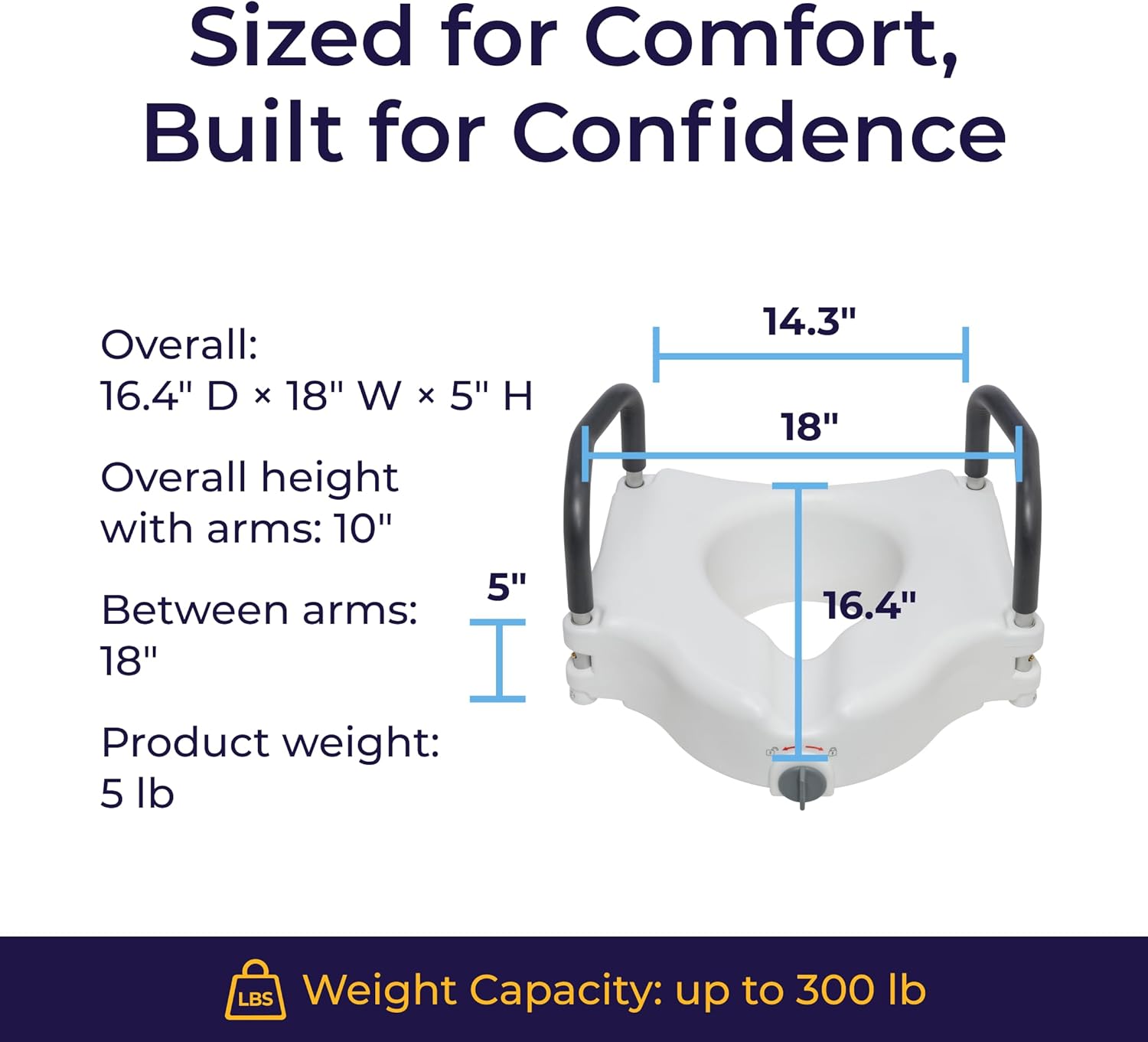 Drive Medical 2-in-1 Raised Toilet Seat with Removable Padded Arms, 5in Lift, Locking

