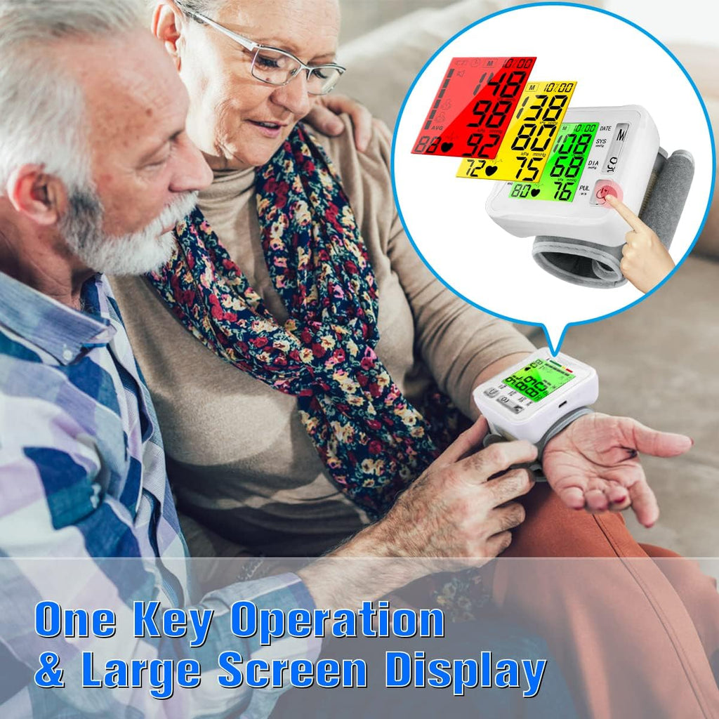 Wrist Blood Pressure Monitor Digital BP Machine USB Rechargeable Tri-Backlit Display

