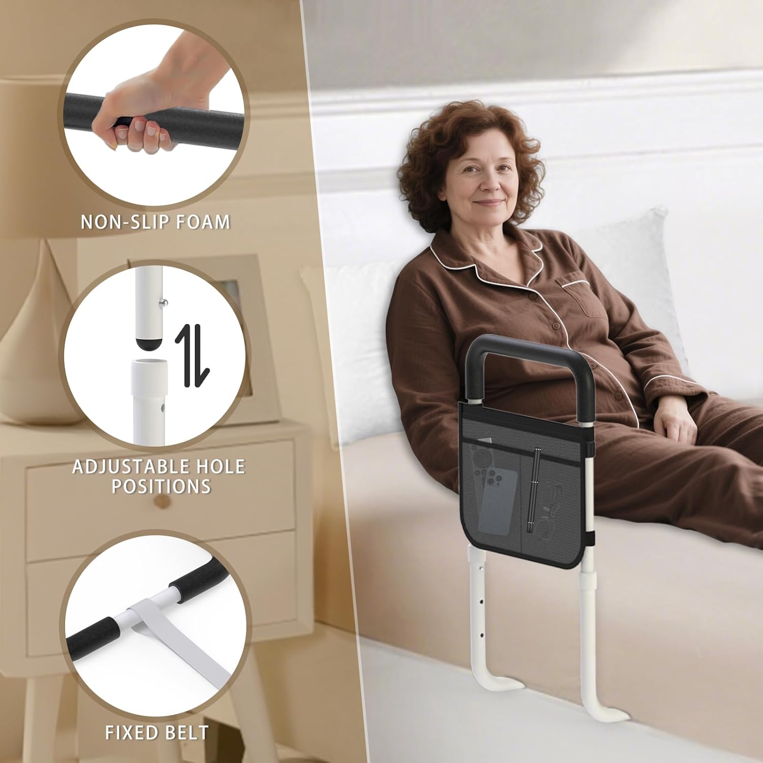 OCBAiLi Adjustable Bed Rail for Seniors with Storage Pocket and Non-Slip Handle

