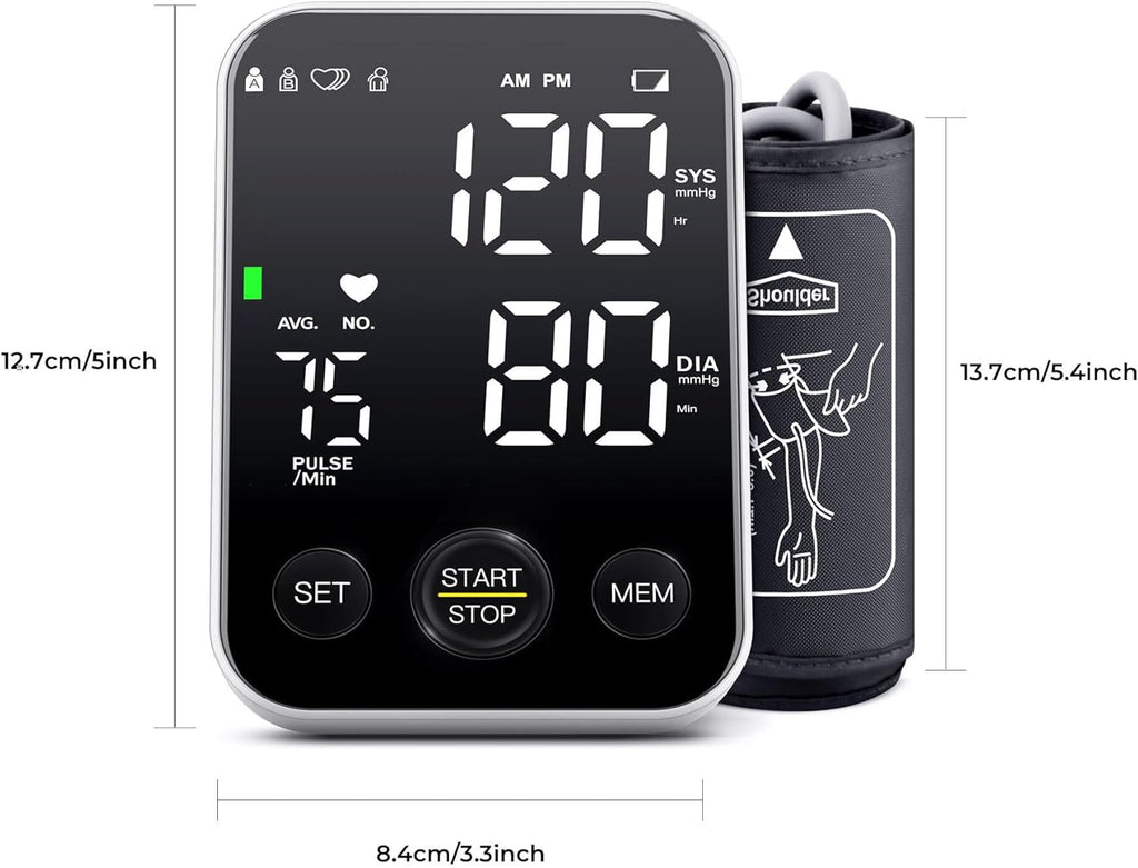 Upper Arm Blood Pressure Monitor Kit, Adjustable Cuff, LED Backlit Display, 2 Users

