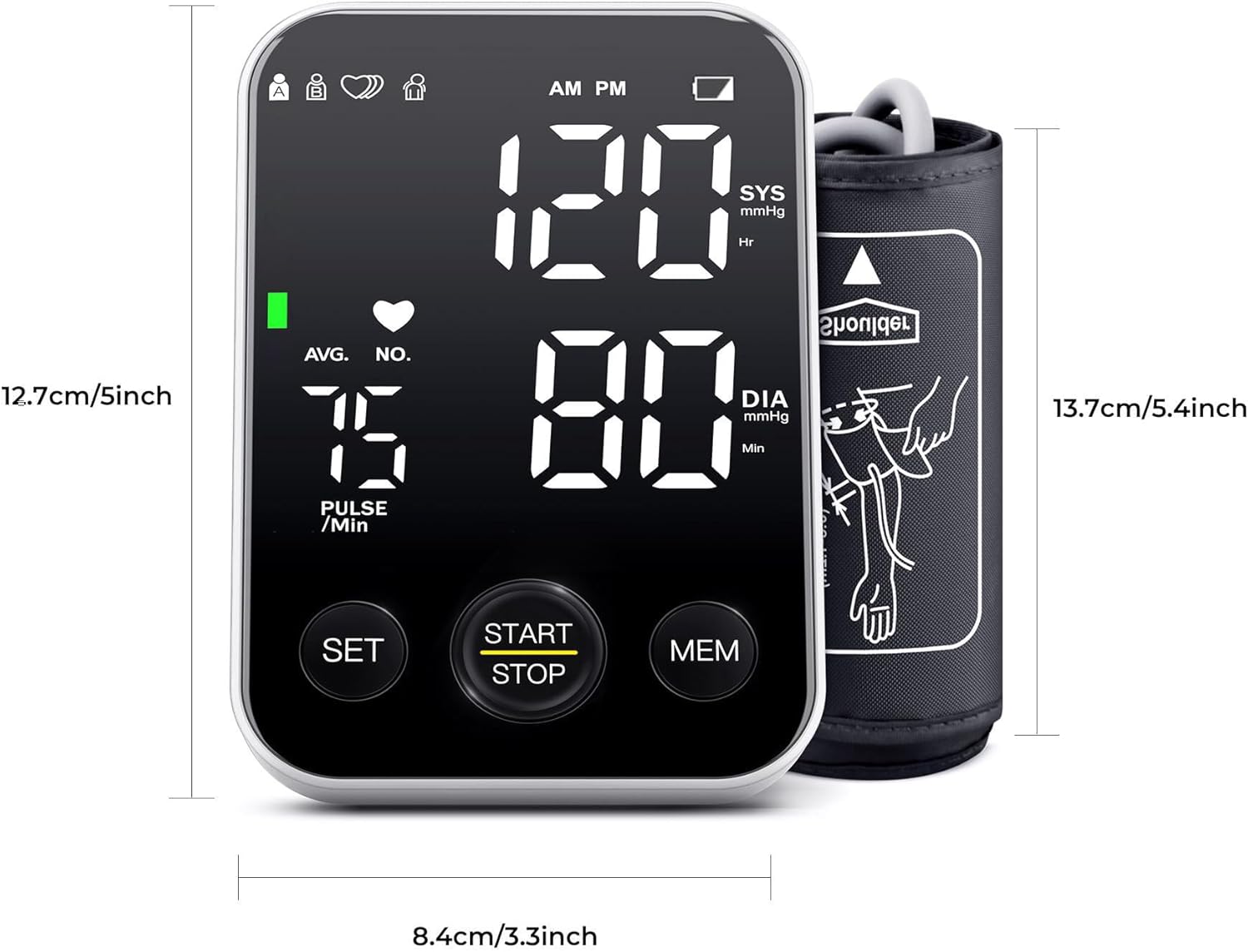 Upper Arm Blood Pressure Monitor Kit, Adjustable Cuff, LED Backlit Display, 2 Users


