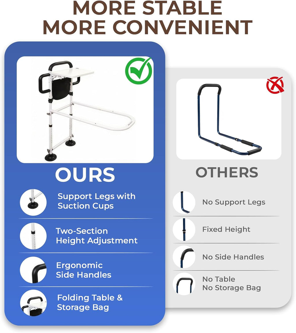 Height Adjustable Bed Rail for Elderly with Non-Slip Grip, Assist Bar and Table

