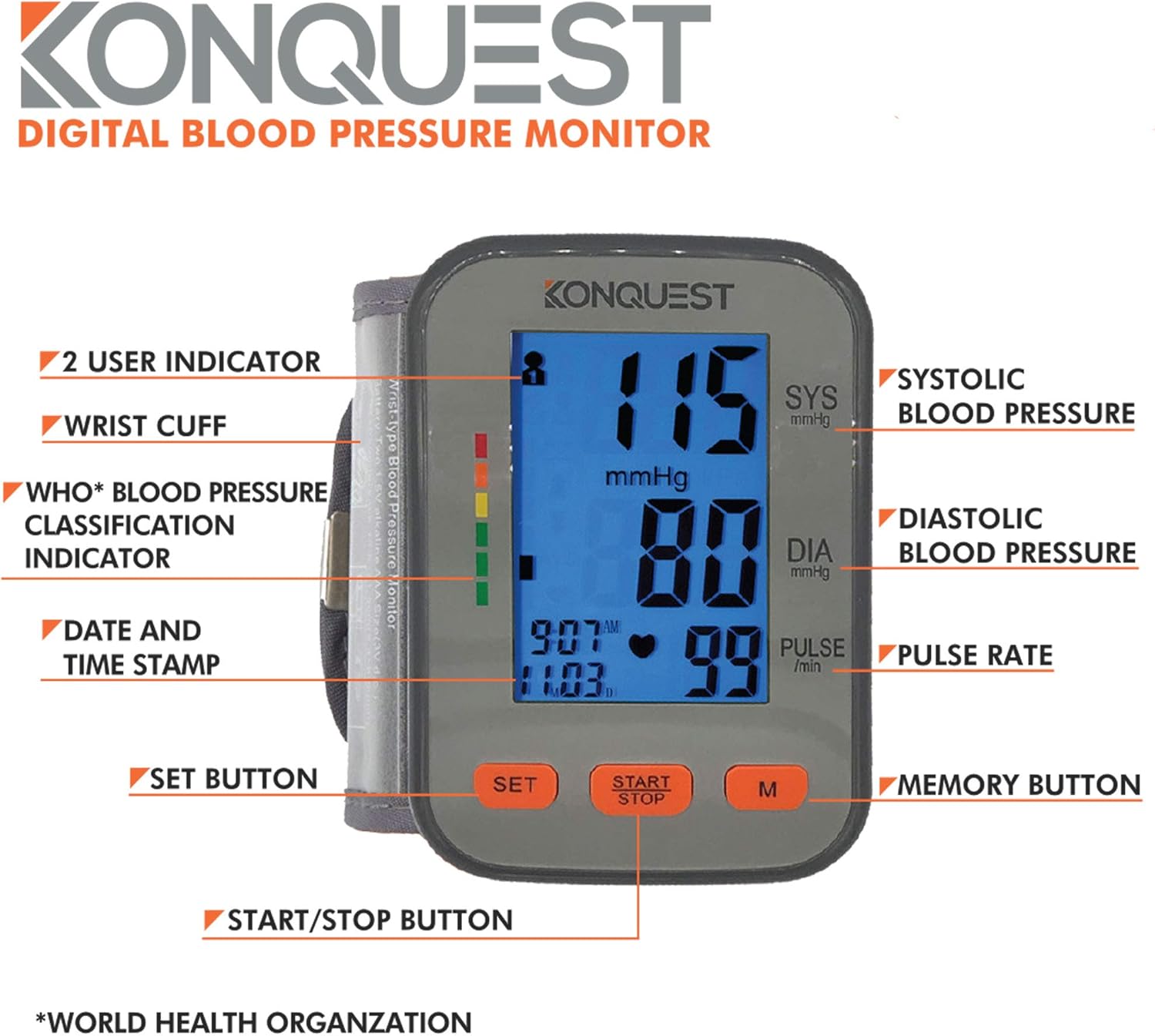 Konquest KBP-2910W Automatic Wrist Blood Pressure Monitor, Irregular Heartbeat

