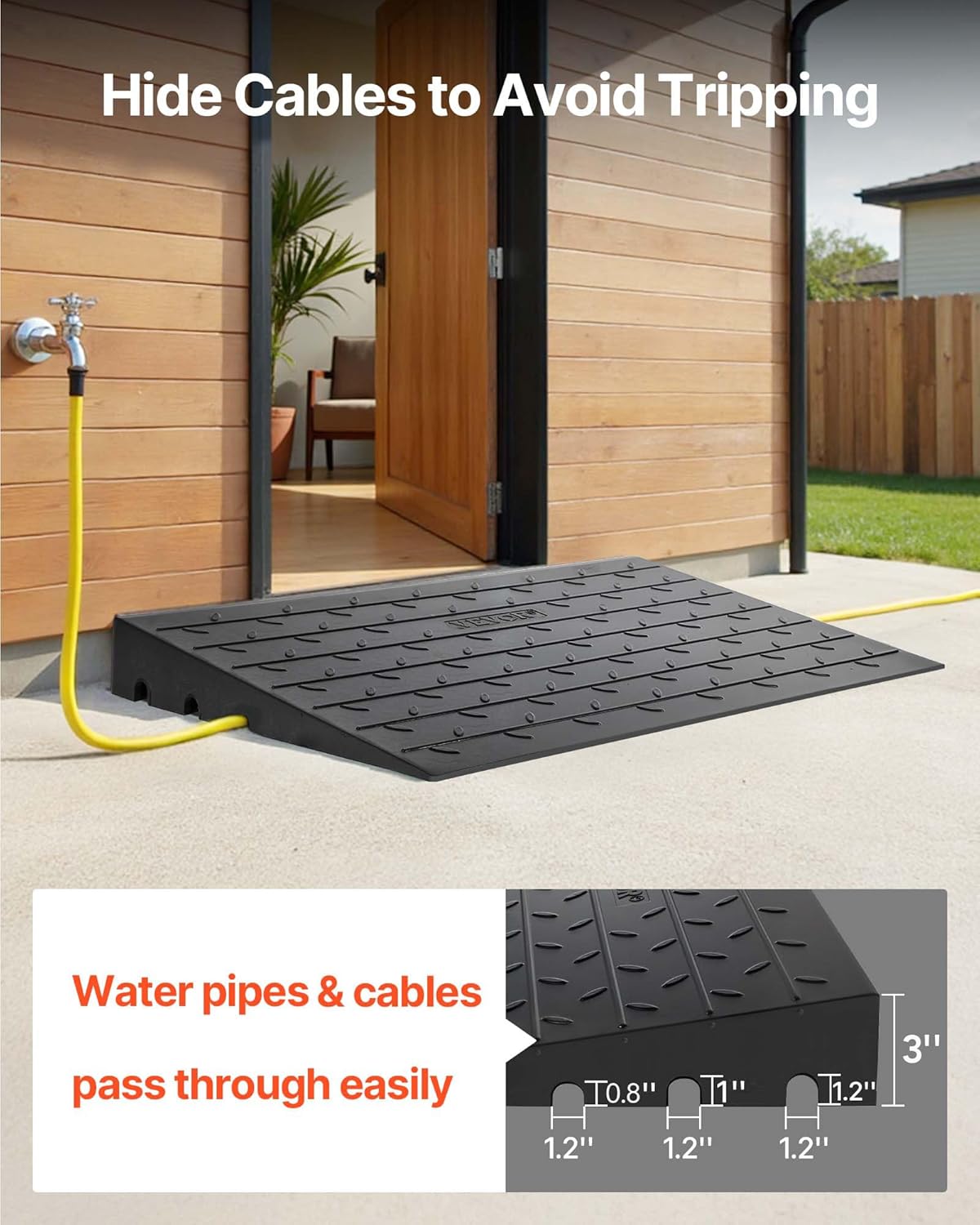 VEVOR Rubber Threshold Ramp with Cable Cord Cover, No-Slip Doorway Curb Ramp

