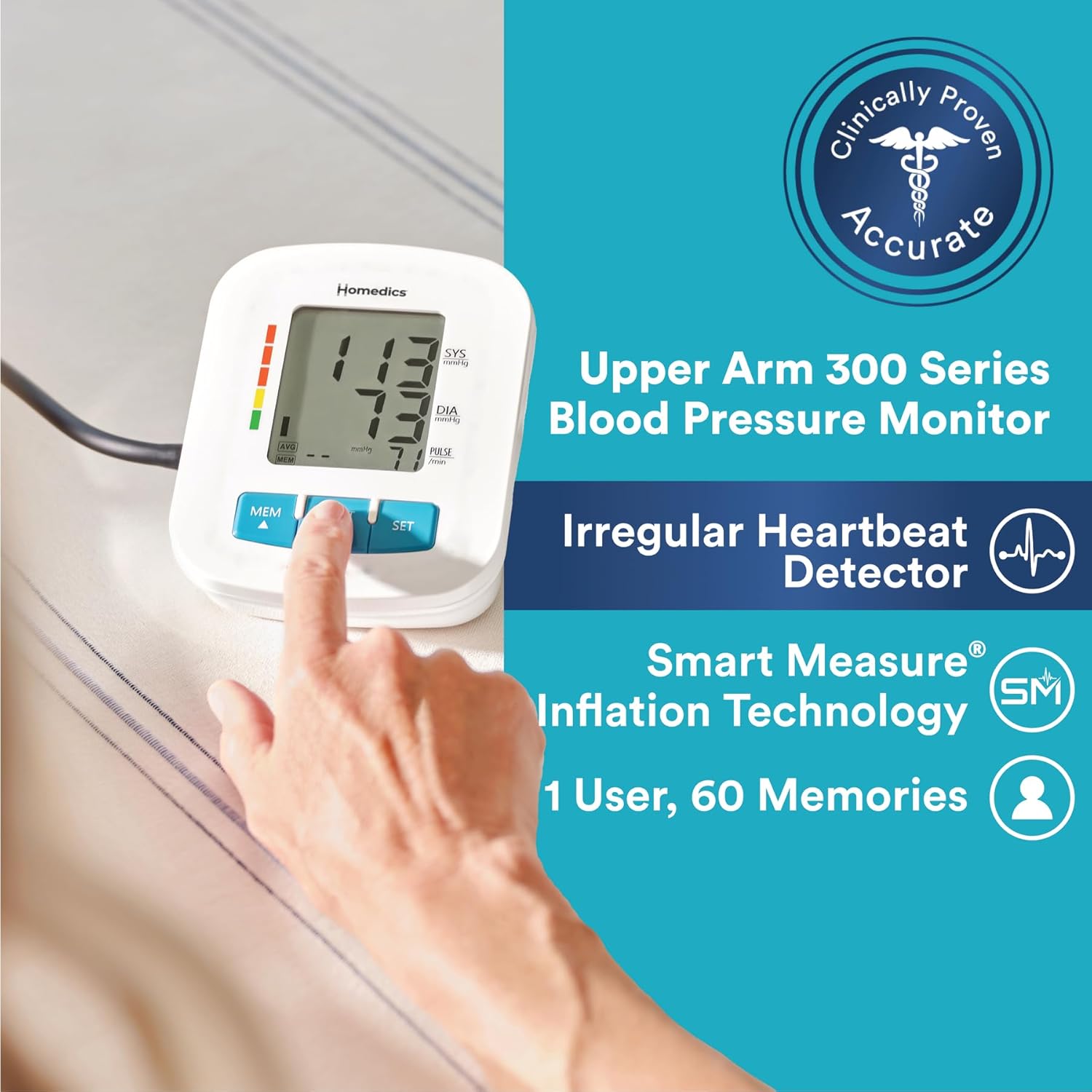 HoMedics Upper Arm Blood Pressure Monitor, One-Touch, Irregular Heartbeat Detector

