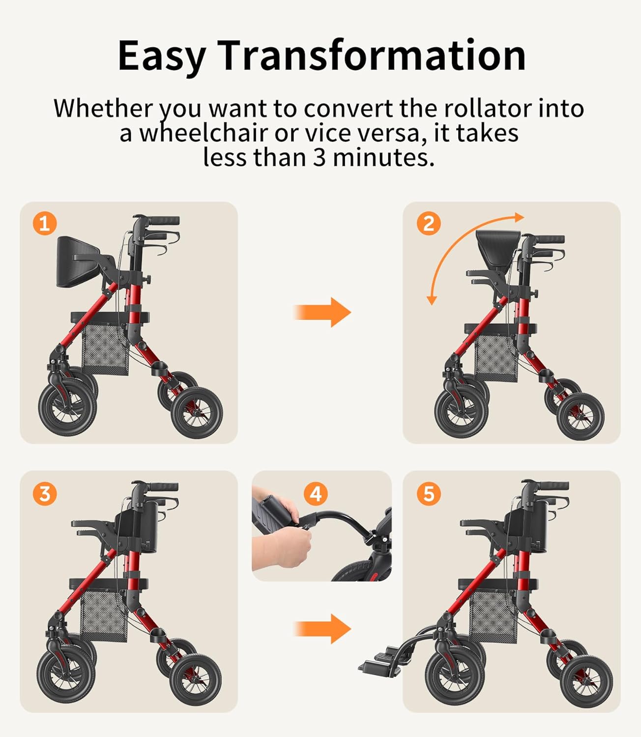 VOCIC 2-in-1 Rollator Walker Transport Chair with Seat, Foldable Brakes

