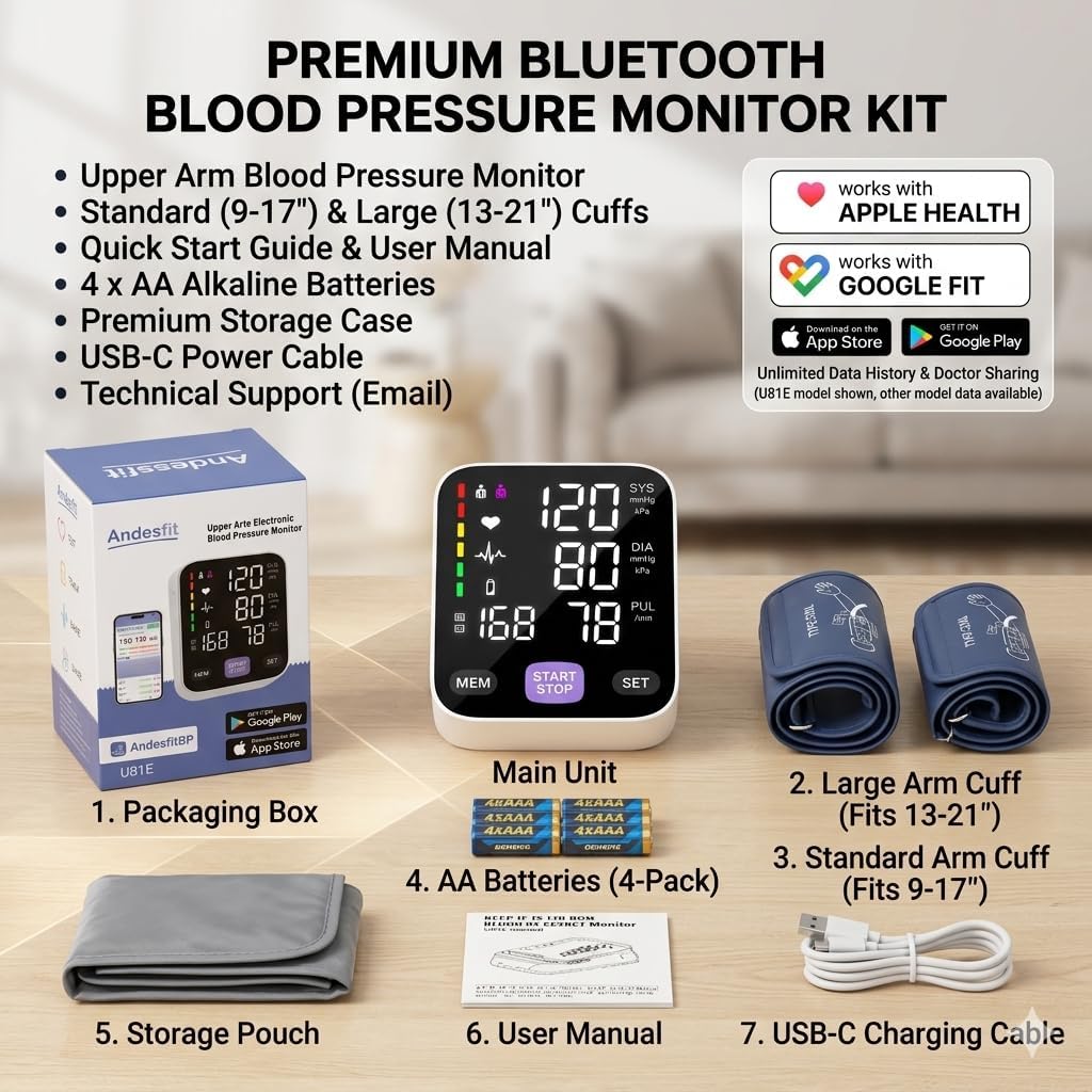 Andesfit Upper Arm Blood Pressure Monitor with Bluetooth and Large Color Display

