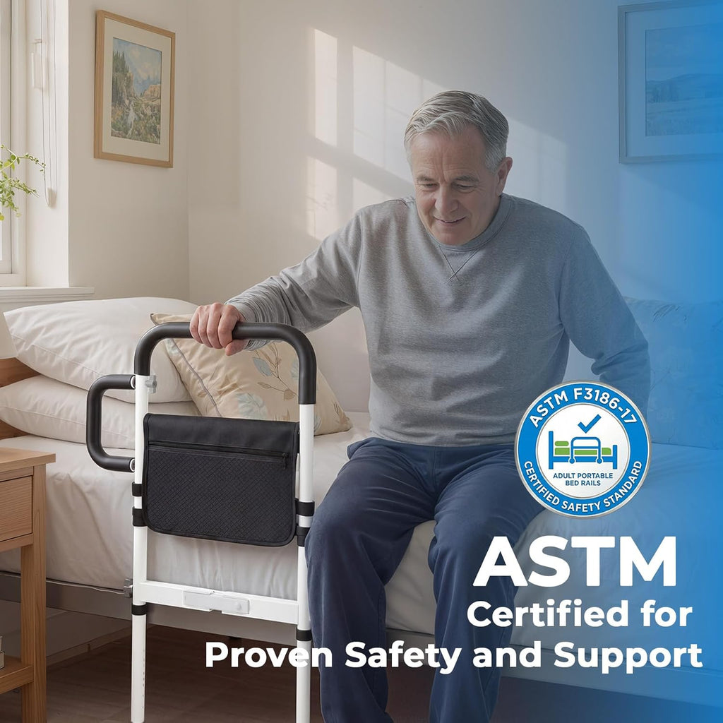 Adjustable Bed Rail for Seniors with Motion Sensor LED, Non-Slip Handle, Storage Bag

