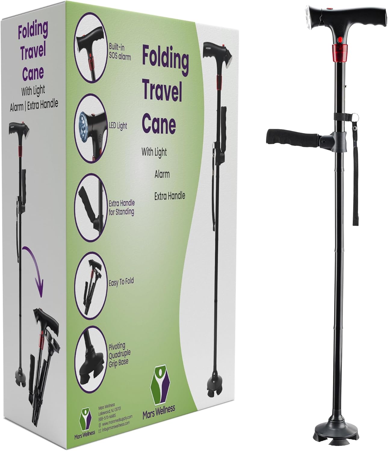 Smart Walking Cane with LED Light, Foldable Tripod Cane with Flashlight & Alarm

