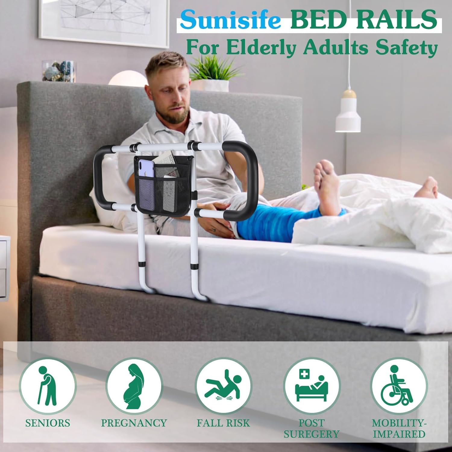 Sunisife Bed Assist Rail for Seniors, Adjustable Bedside Safety Grab Bar with Strap

