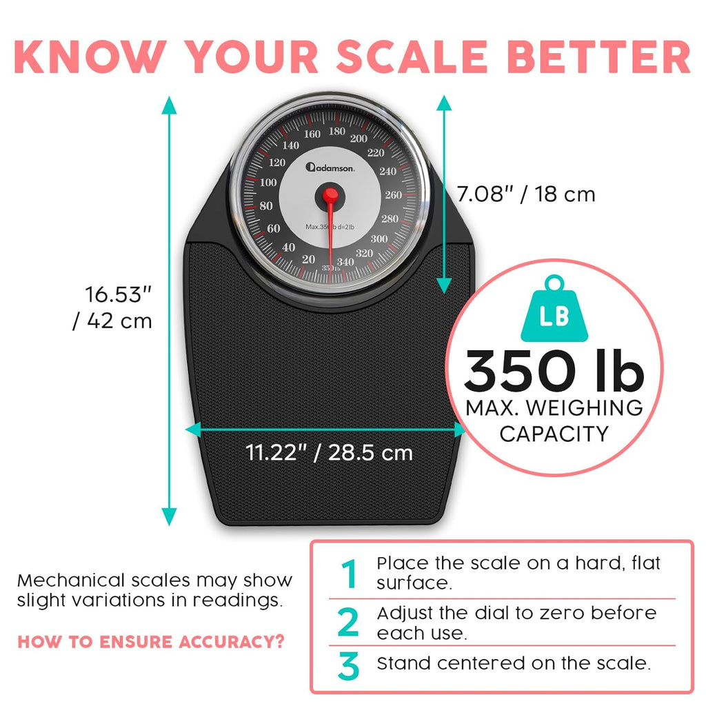 Adamson A24 Analog Bathroom Scale, Up to 350 lb, Anti-Skid Rubber, Large Numbers

