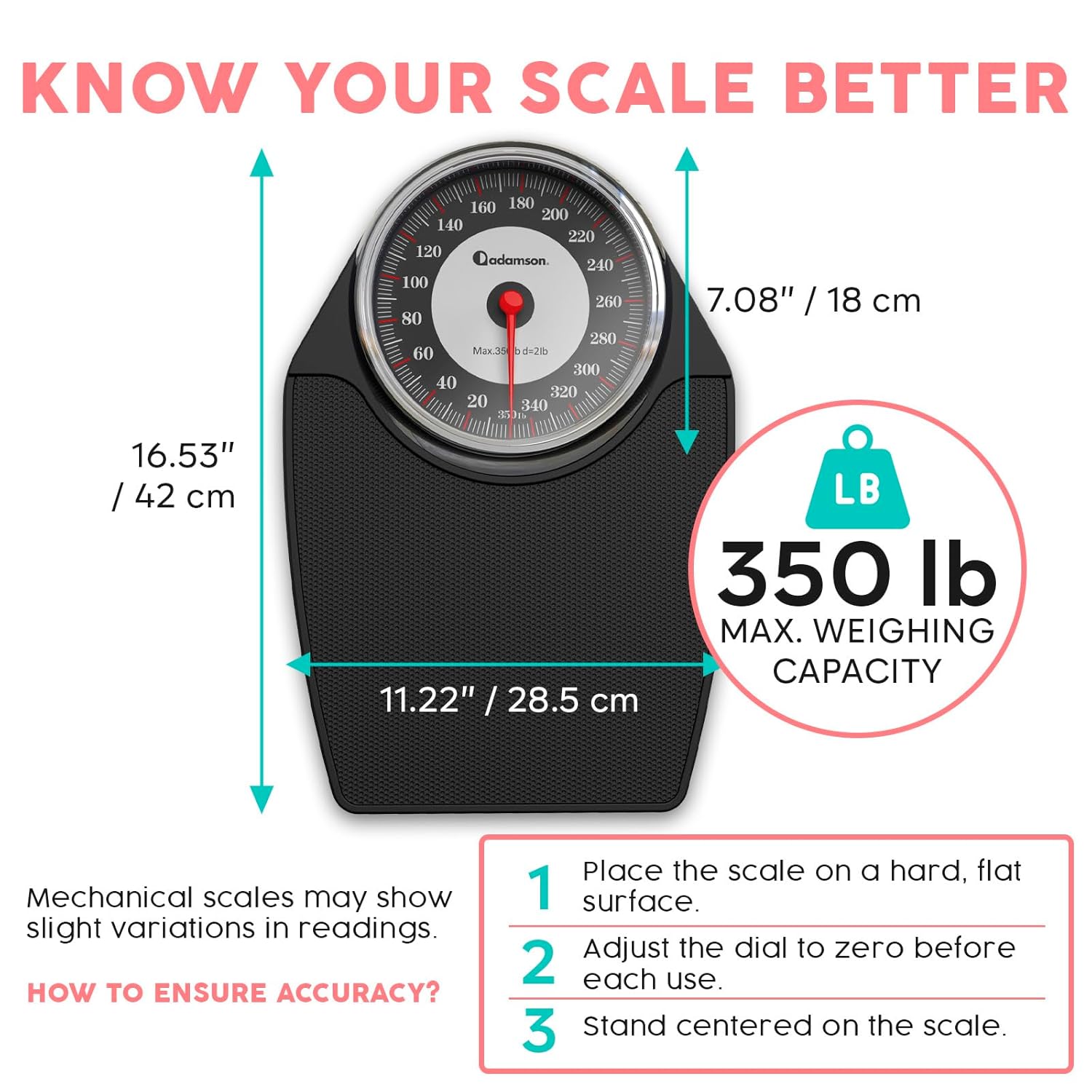 Adamson A24 Analog Bathroom Scale, Up to 350 lb, Anti-Skid Rubber, Large Numbers

