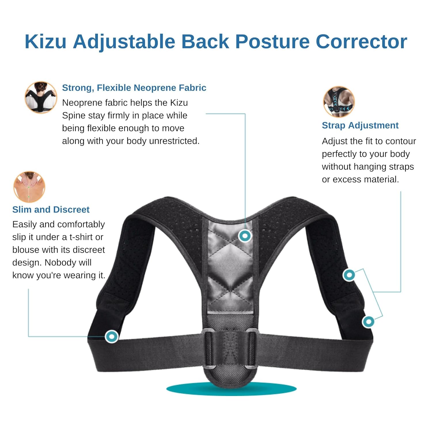Kizu Posture Corrector for Upper Back and Shoulders, Adjustable Support Brace

