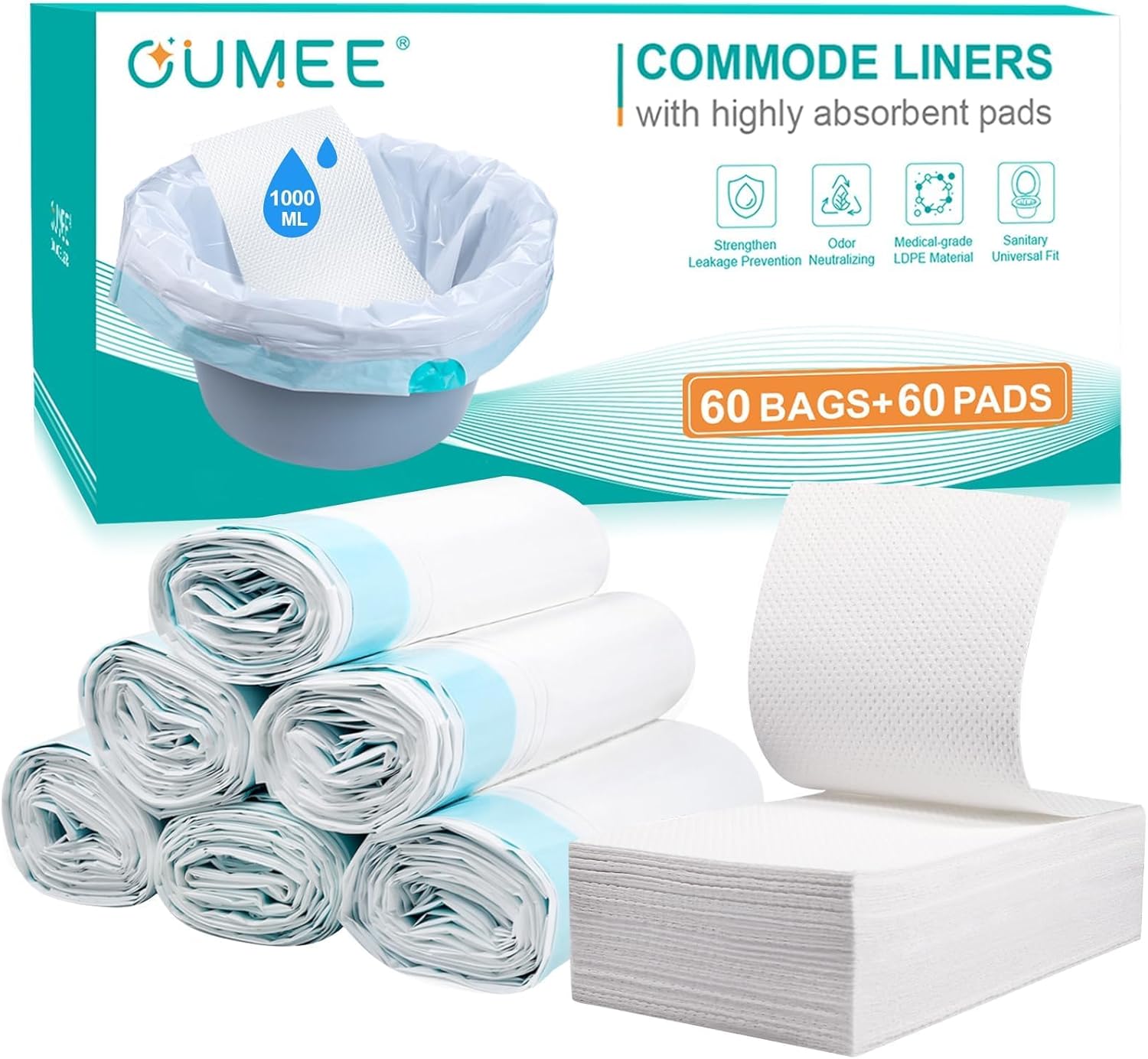 Disposable Commode Liners with Absorbent Pads, Leak-Proof Portable Potty Liner

