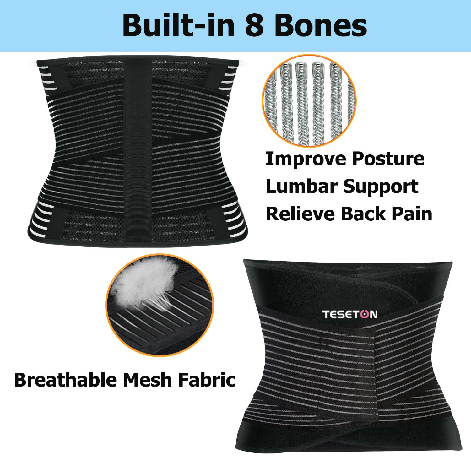 TESETON Back Brace for Men and Women, Lumbar Support Belt for Lower Back Pain

