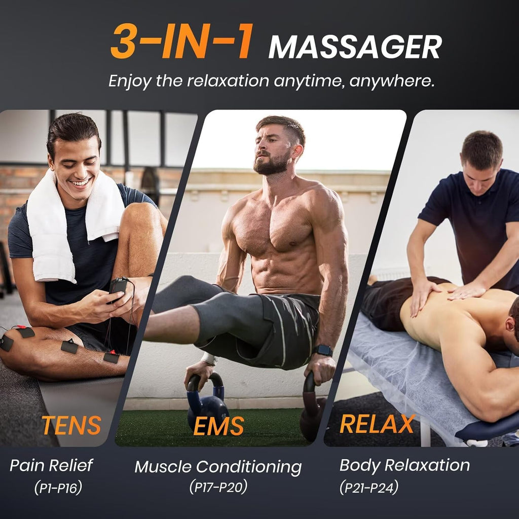 AVCOO 3-in-1 TENS Unit EMS Muscle Stimulator with 24 Modes, Portable Pain Relief

