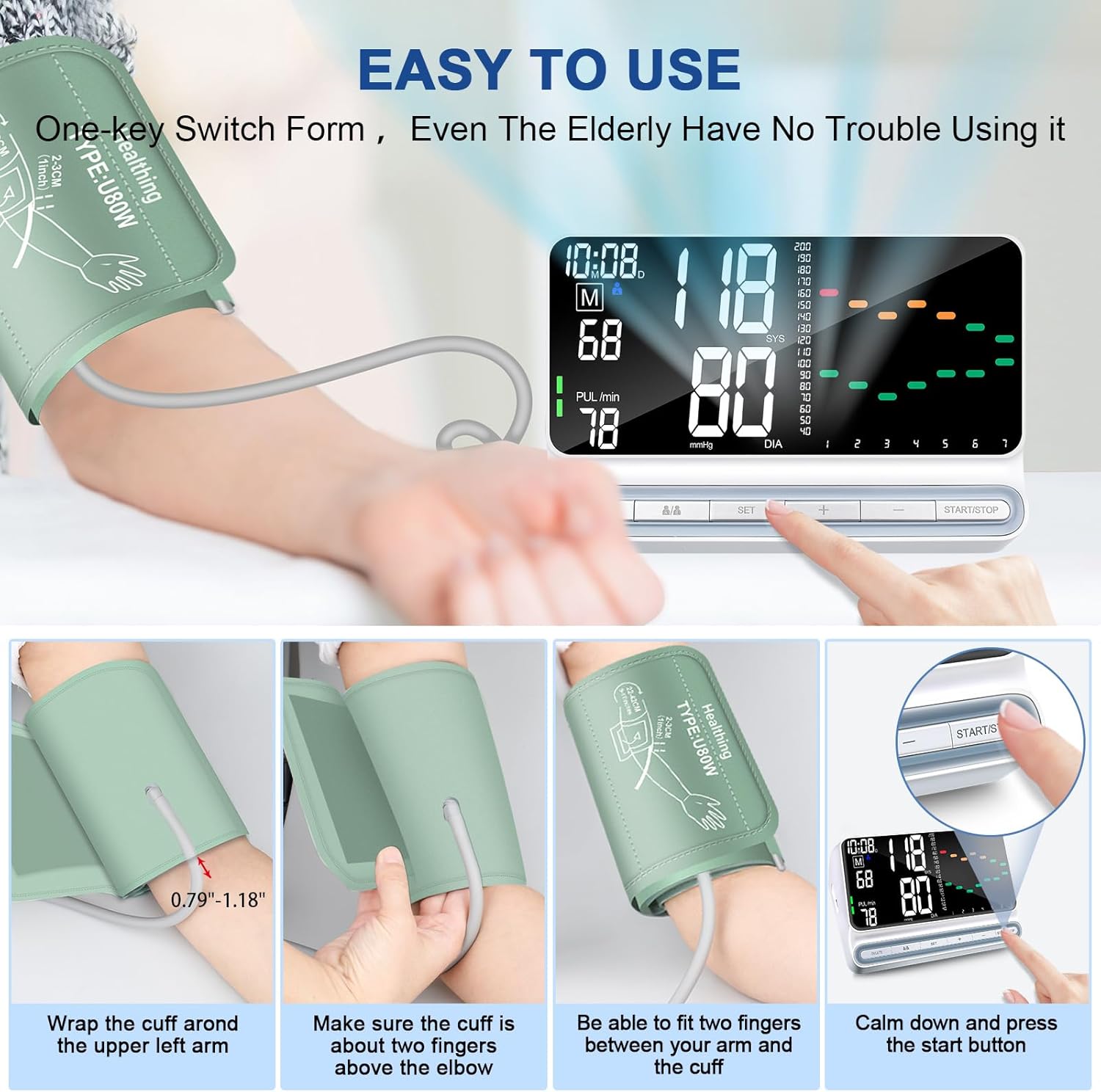 Rechargeable Upper Arm Blood Pressure Monitor with Backlit Screen for 2 Users

