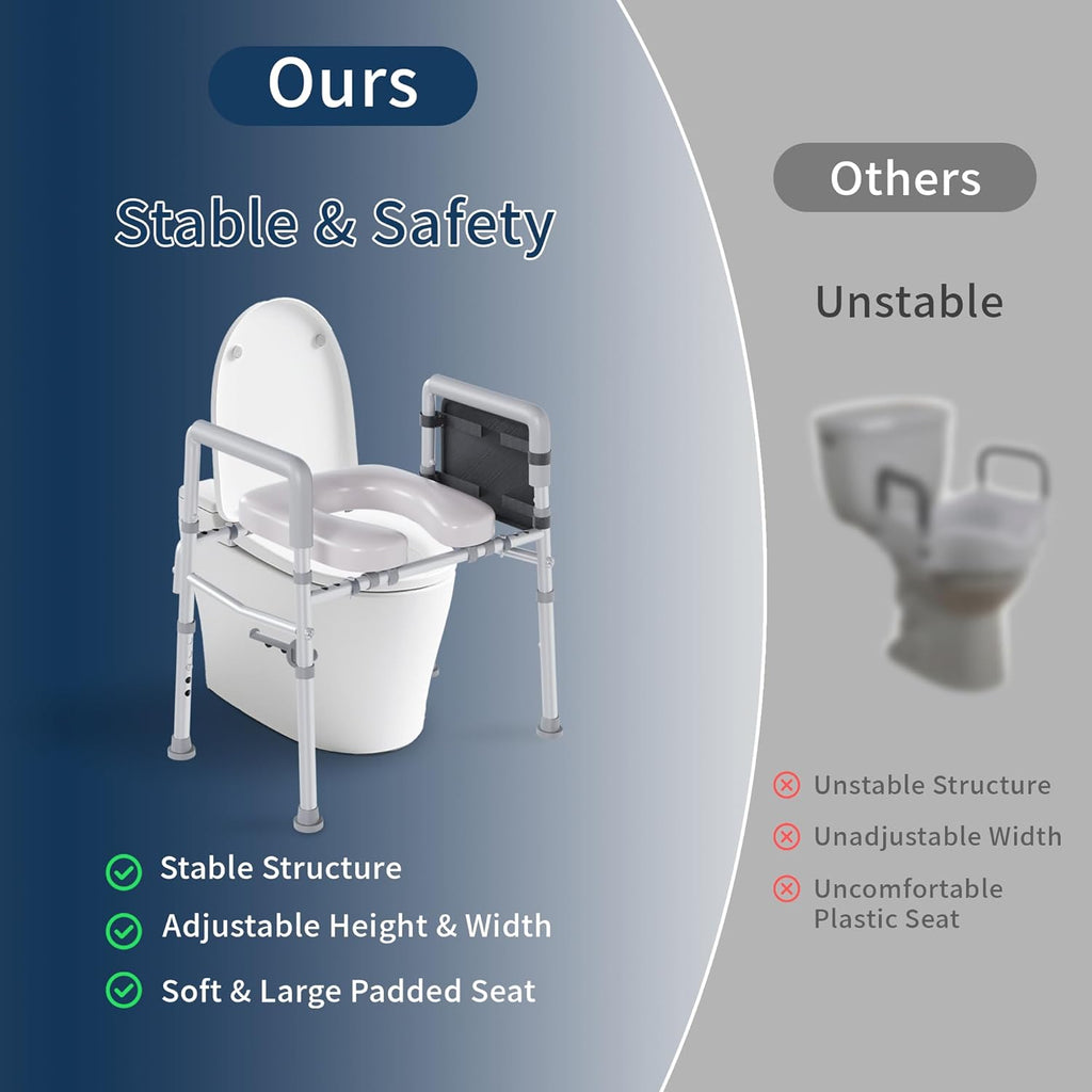 Raised Toilet Seat with Handles, Toilet Seat Riser for Seniors, Adjustable Height and Width, Padded Cushion, 450 lb Capacity, Non-Slip Safety Design

