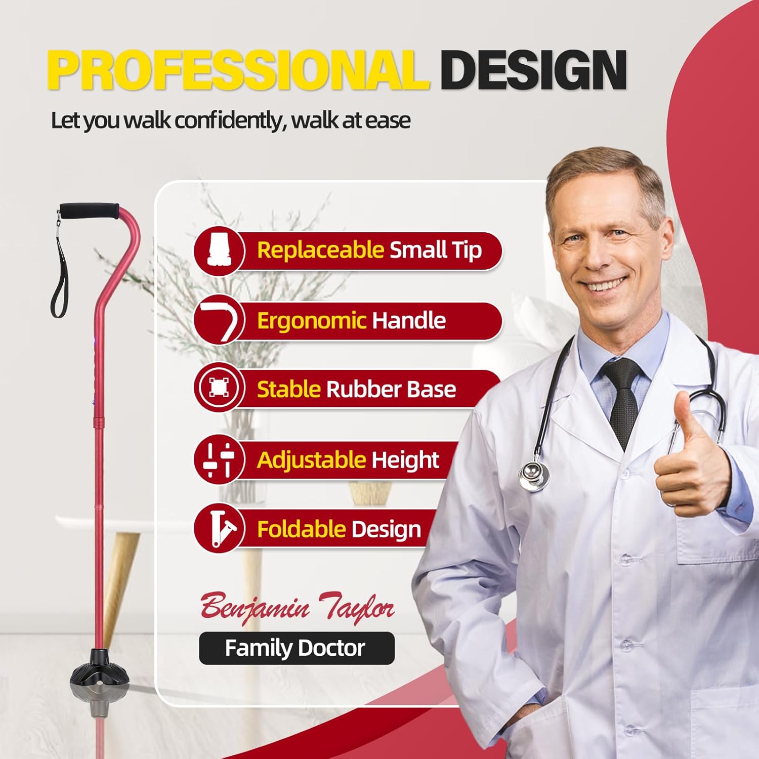 BeneCane Adjustable Walking Cane Offset Cushioned Handle, Lightweight Stability Base

