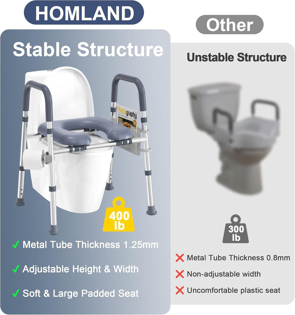 HOMLAND Raised Toilet Seat Riser with Handles, Adjustable Height & Width, Padded

