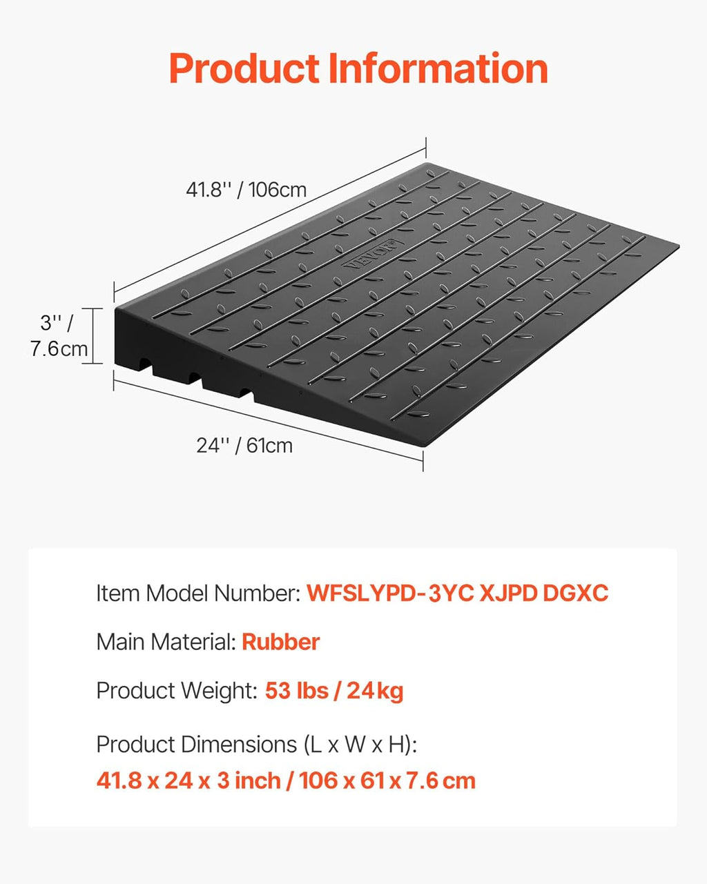 VEVOR Rubber Threshold Ramp with Cable Cord Cover, No-Slip Doorway Curb Ramp

