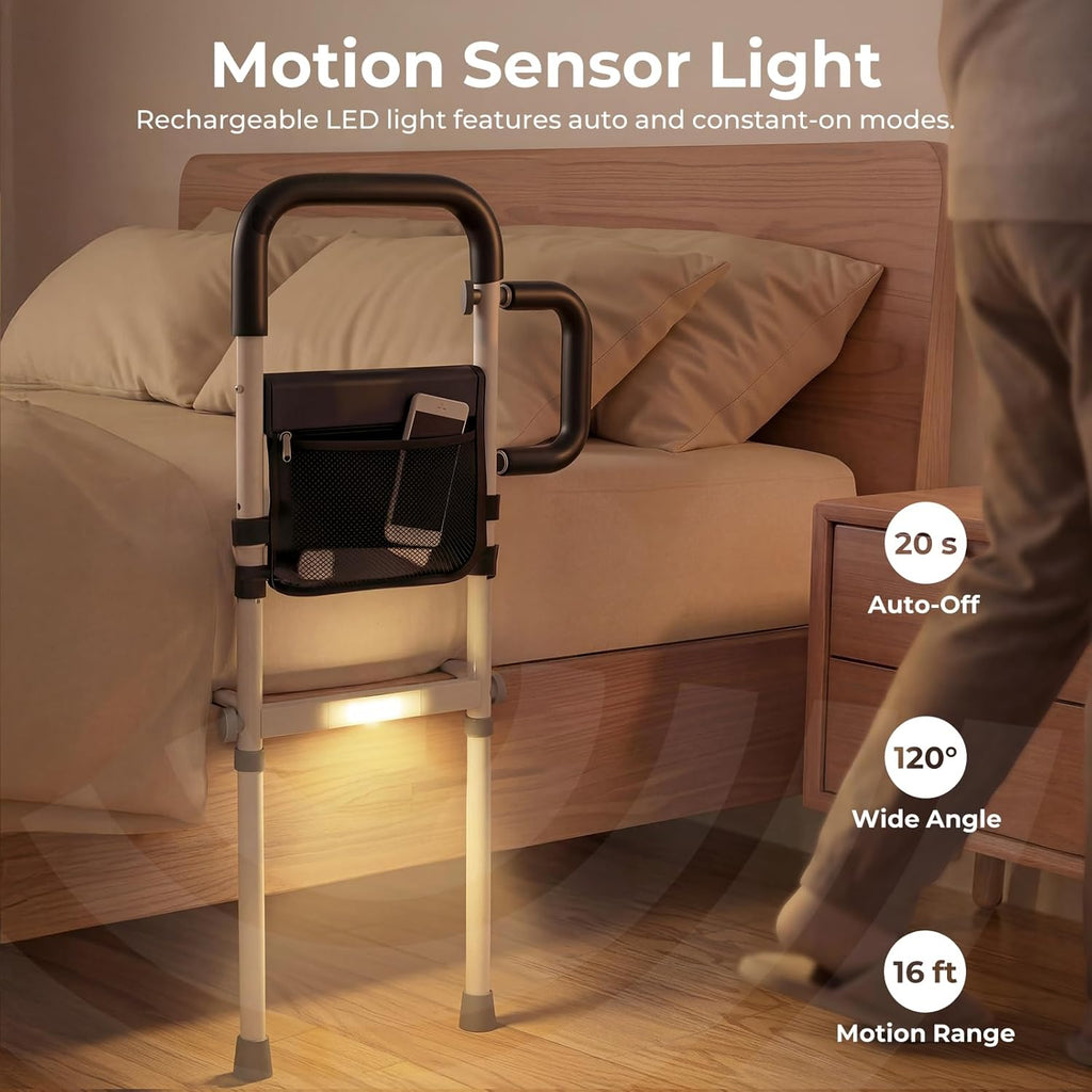Adjustable Bed Rail for Seniors with Motion Sensor LED, Non-Slip Handle, Storage Bag


