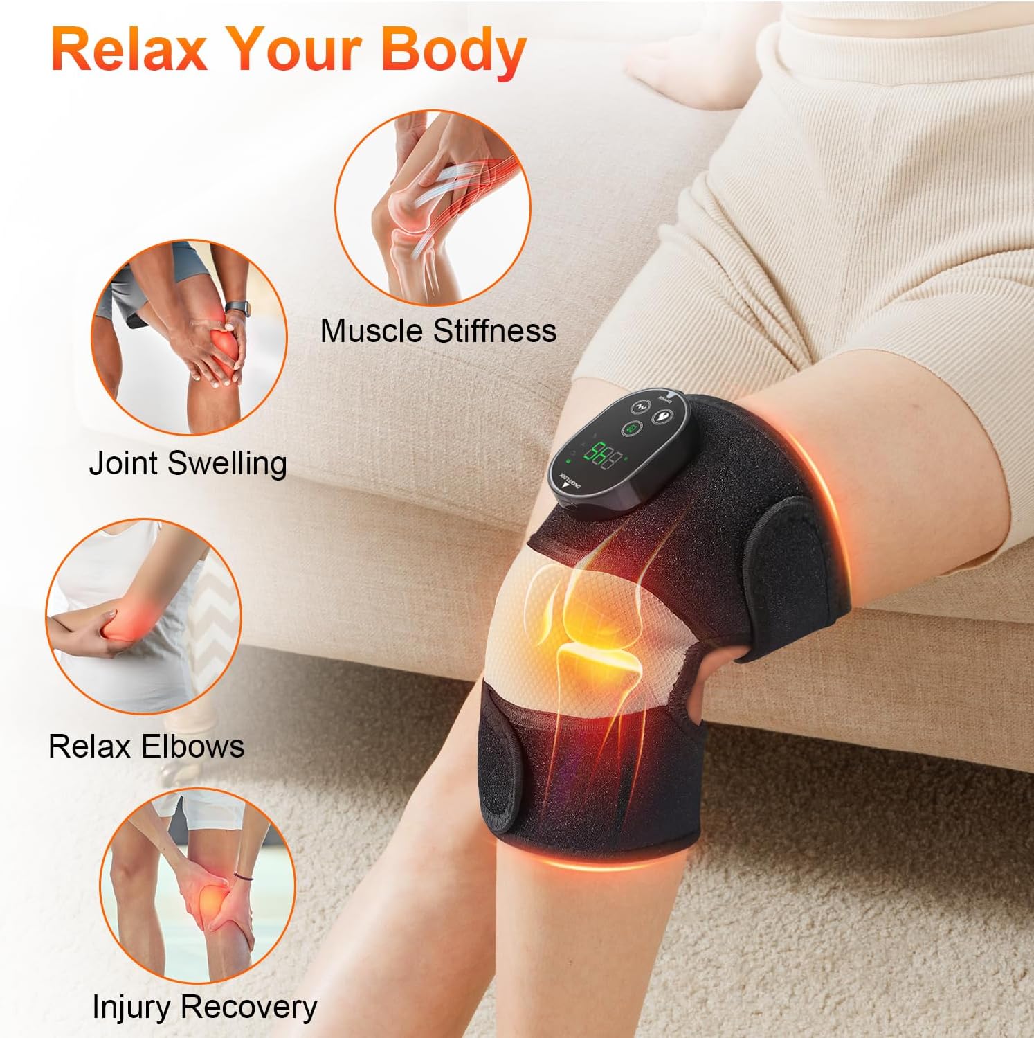 Cordless Heated Knee Massager Rechargeable Heat Vibration Wrap for Knee Elbow Shoulder

