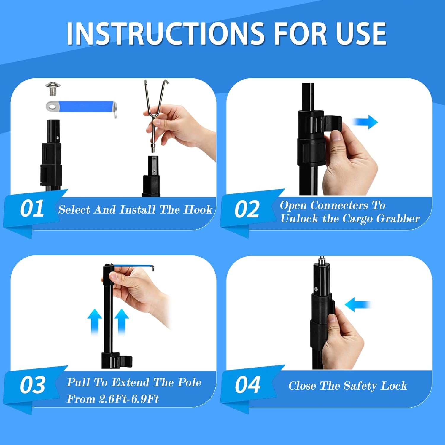 Telescoping Truck Bed Grabber Reach Tool with Hooks, Stainless Steel & Aluminum

