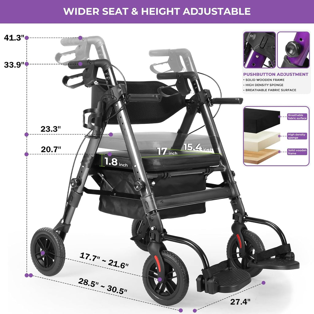 Akoasm Heavy Duty Rollator Walker with Seat, Foldable 2-in-1 Wheelchair Combo

