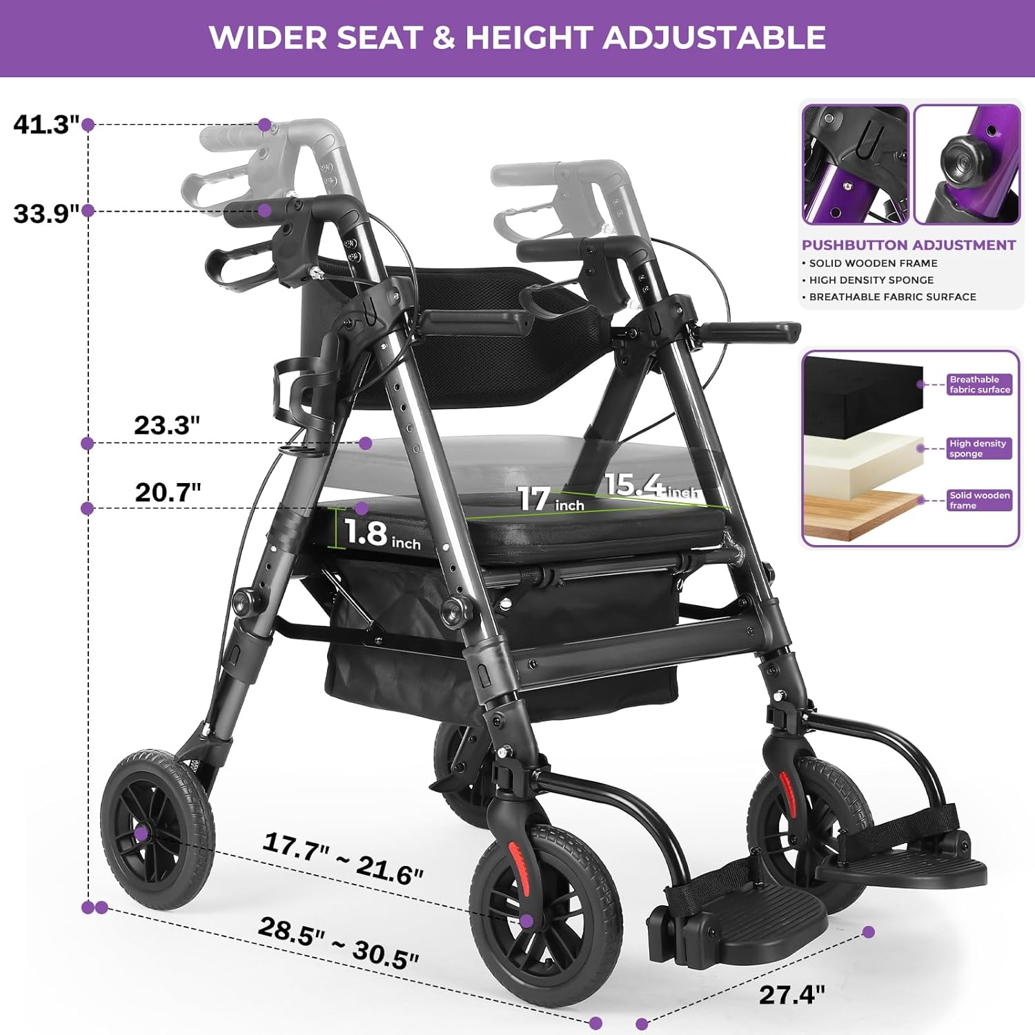 Akoasm Heavy Duty Rollator Walker with Seat, Foldable 2-in-1 Wheelchair Combo

