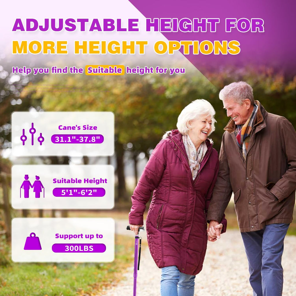 BeneCane Folding Walking Cane, Quad Base with Two LED Lights, Adjustable Stick

