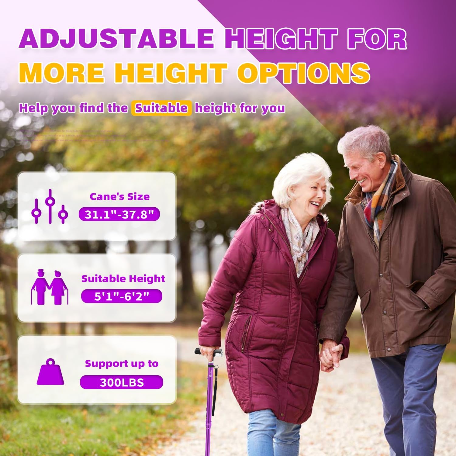 BeneCane Folding Walking Cane, Quad Base with Two LED Lights, Adjustable Stick

