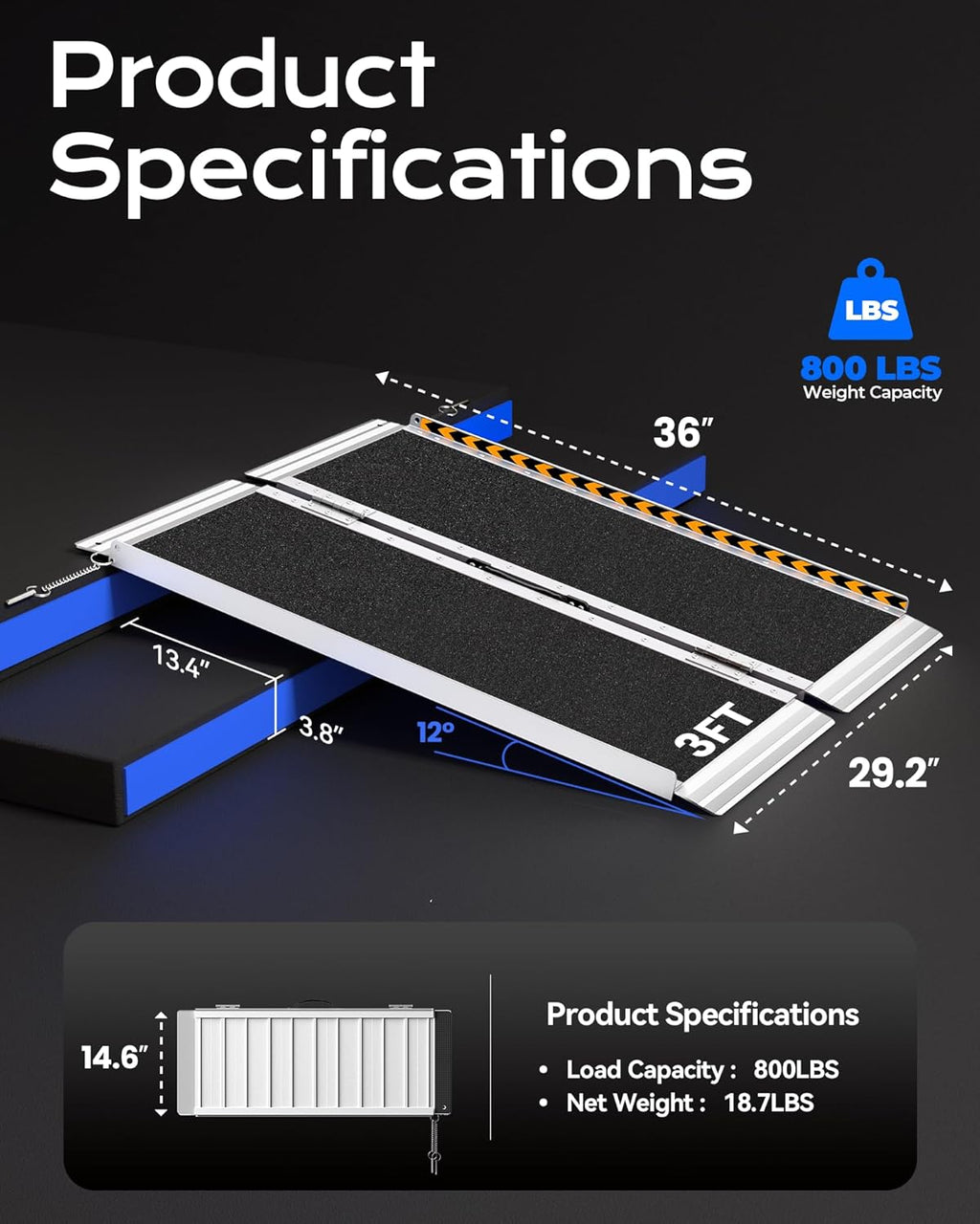 Portable Wheelchair Ramp for Steps, Non-Slip Aluminum, 800 lb Capacity

