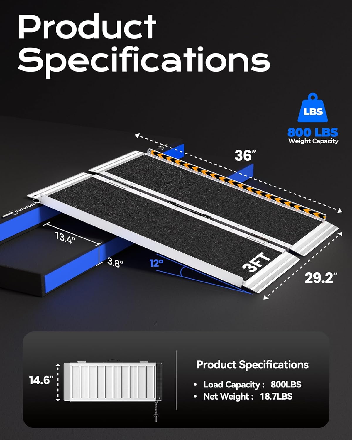 Portable Wheelchair Ramp for Steps, Non-Slip Aluminum, 800 lb Capacity

