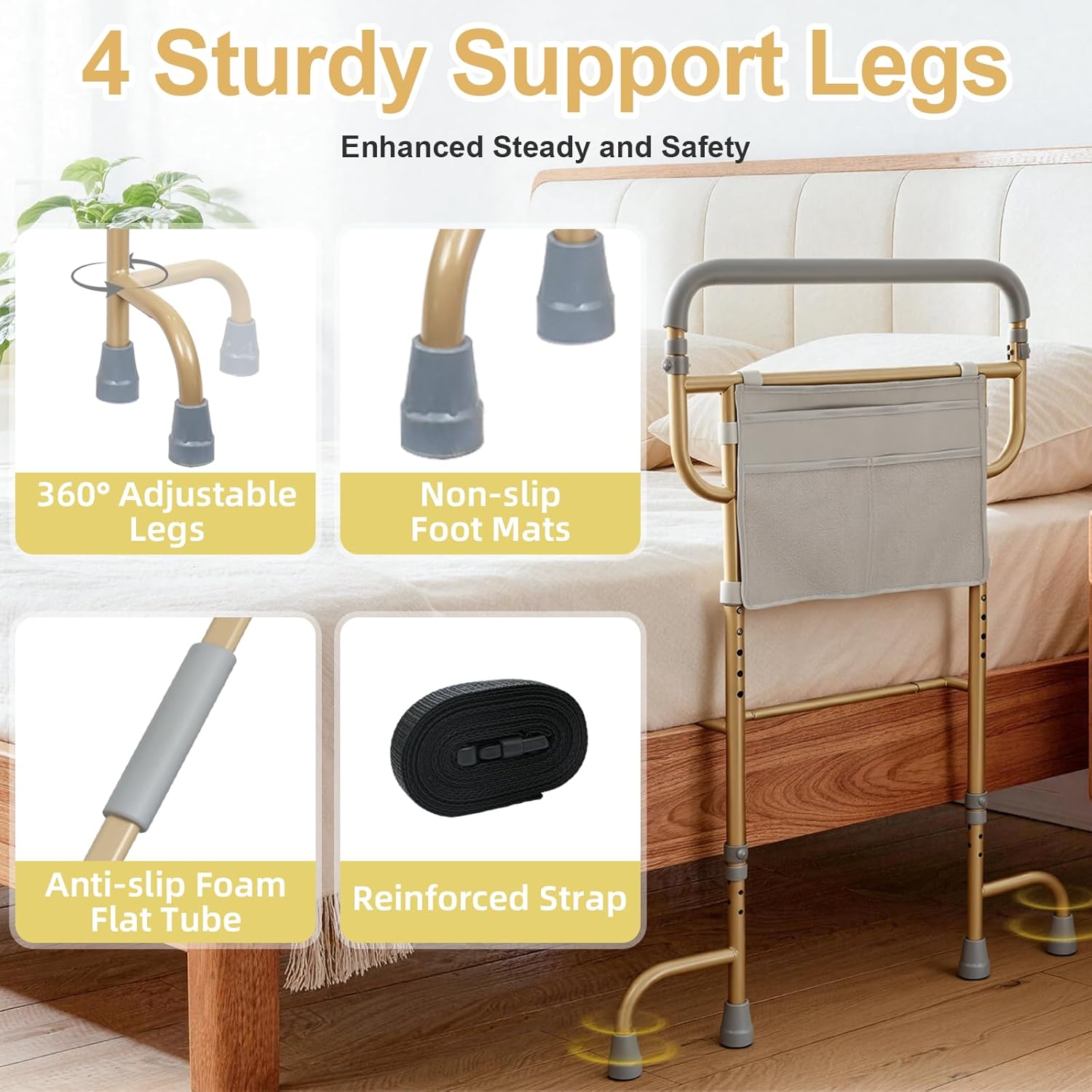Bed Rails for Seniors with Non-Slip Handle, Storage Pocket, 360° Swivel Feet

