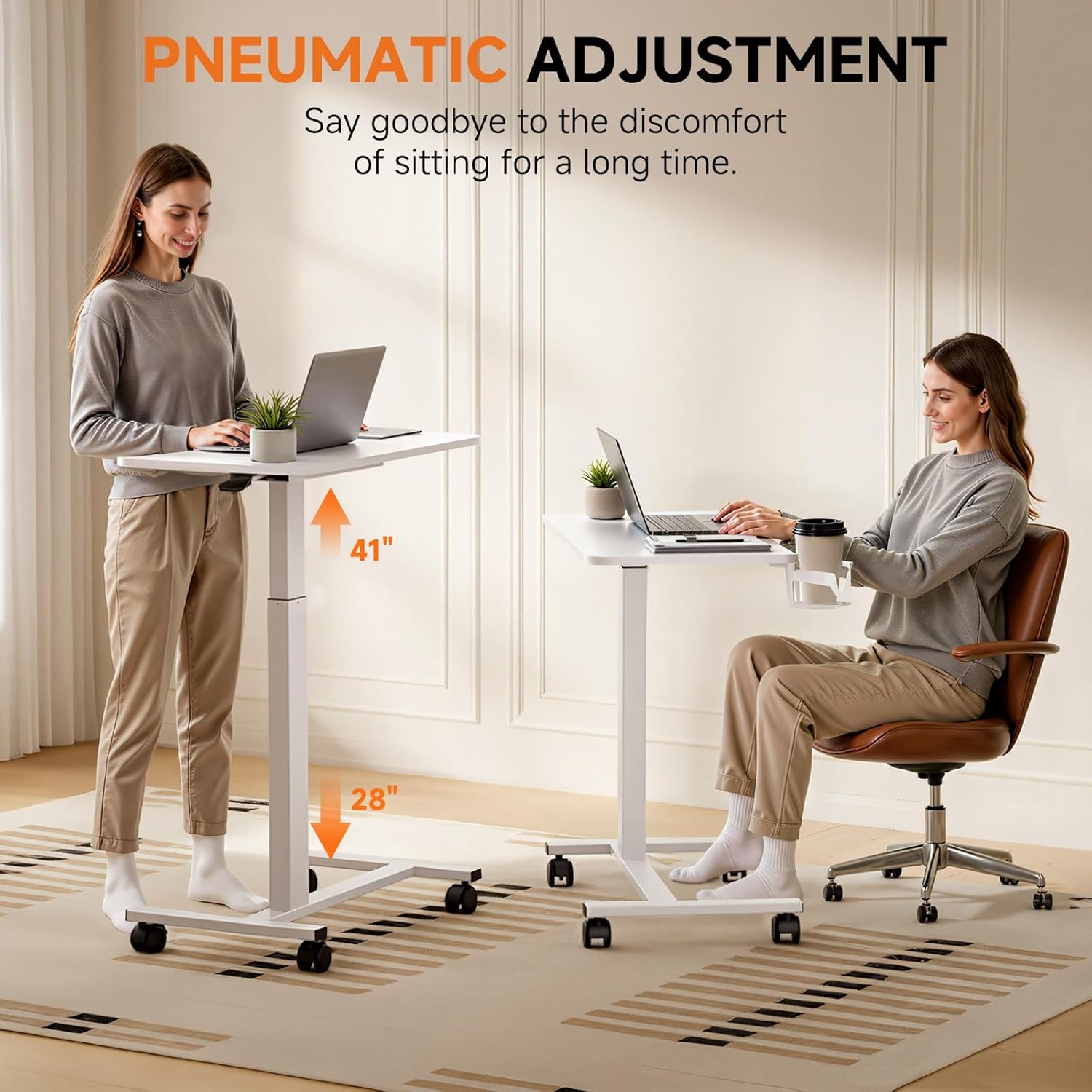 COMHOMA Adjustable Overbed Bedside Table with Lockable Wheels, Pneumatic Rolling Desk

