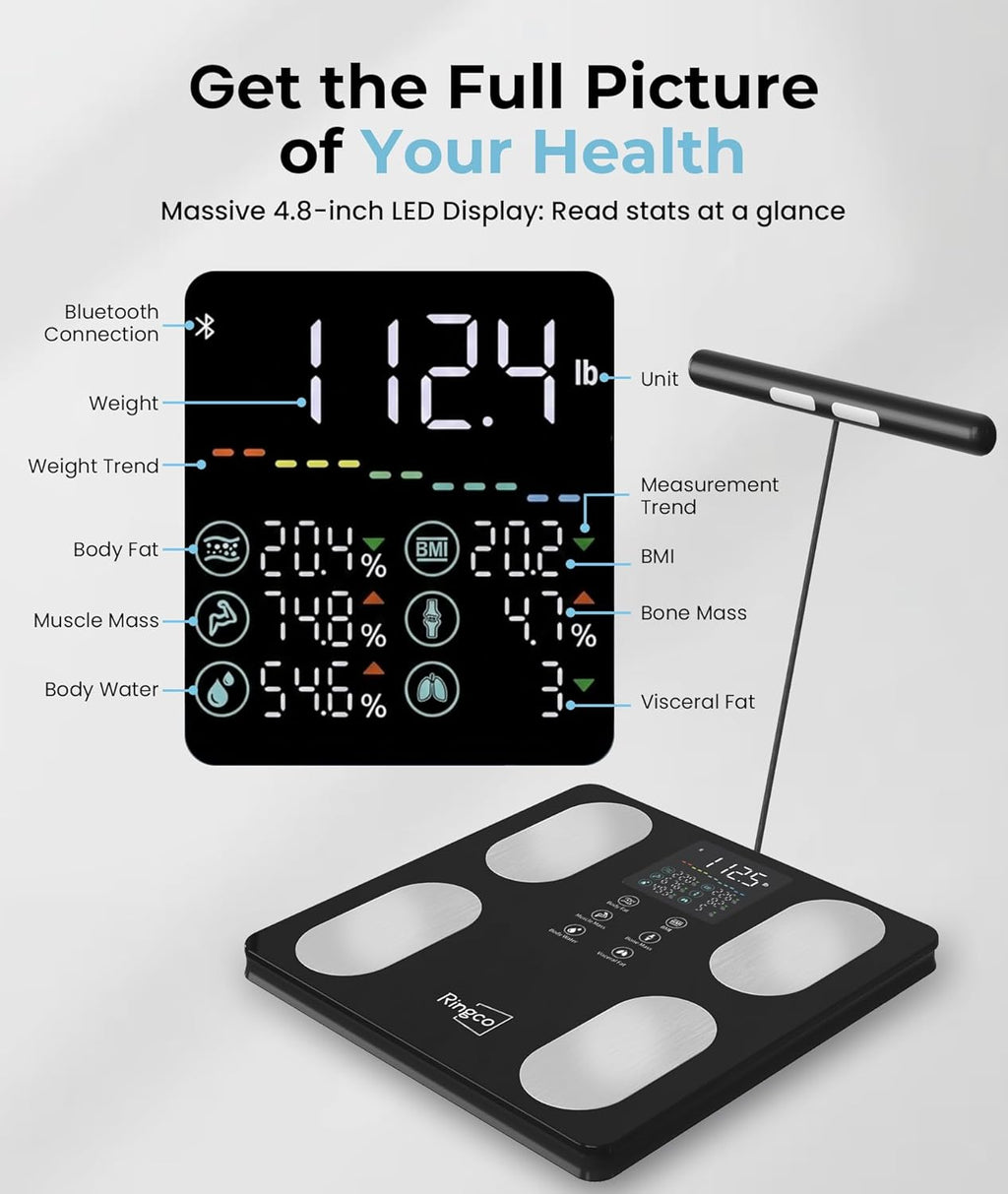 Ringco Body Pod Smart Scale with BMI, Body Fat, Muscle Mass, 8-Electrode Glass Platform

