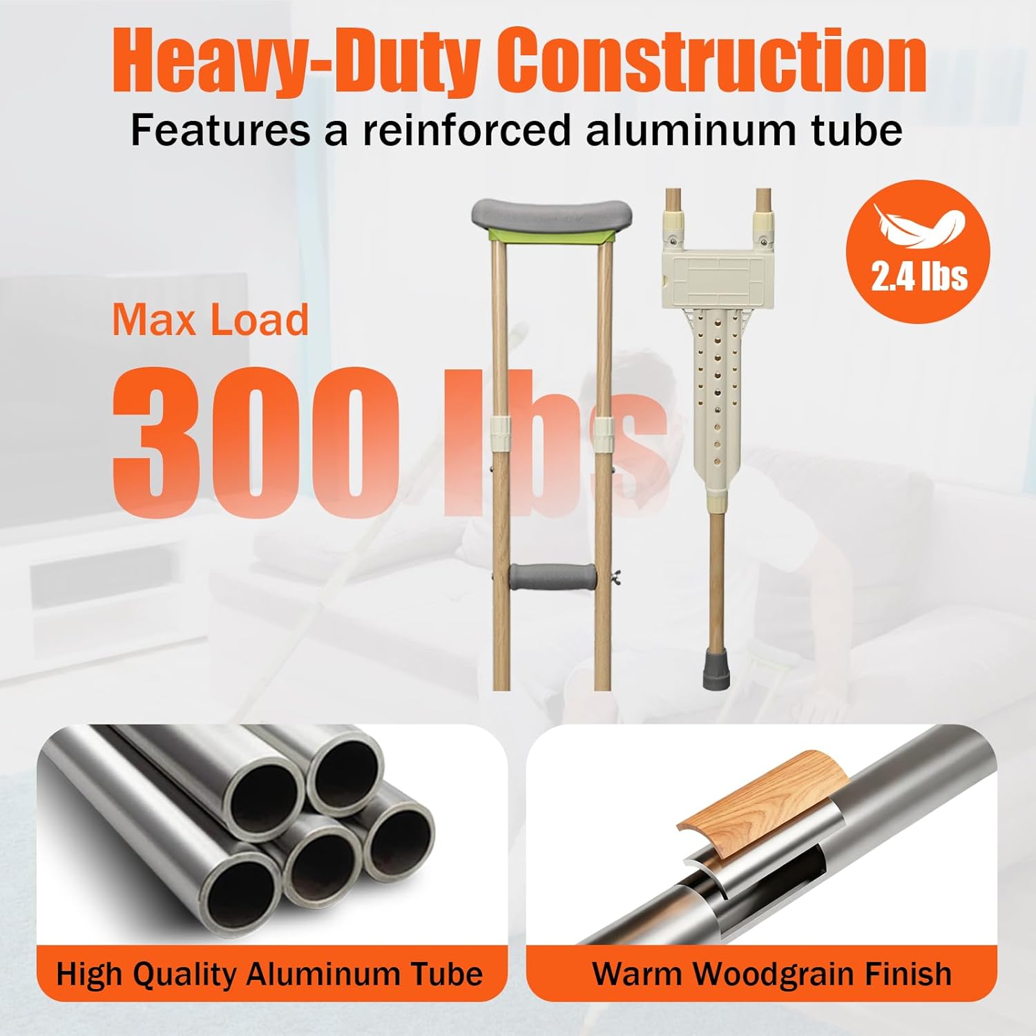Aluminum Height Adjustable Underarm Crutches for Adults, Pair with Padded Cushions

