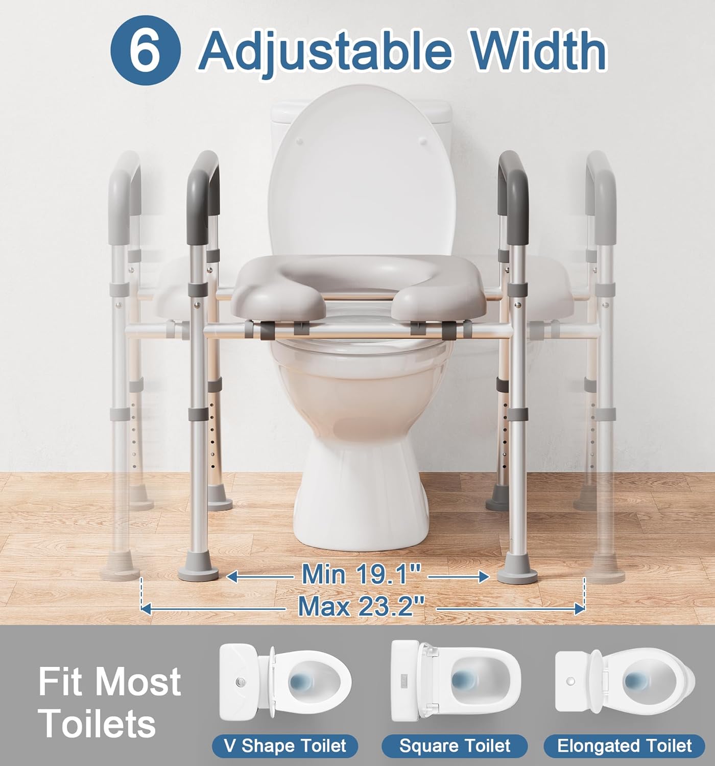 Soundfuse Raised Toilet Seat with Handles, Adjustable Height & Width, Padded

