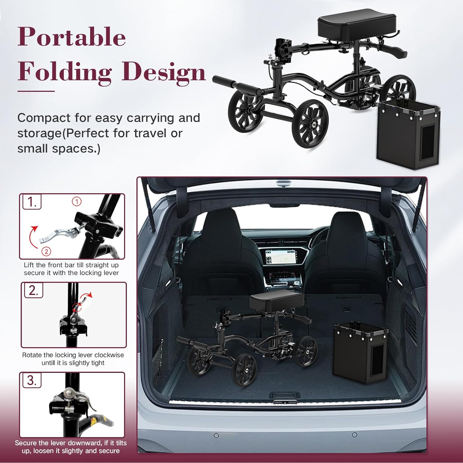 Lightweight Knee Scooter Walker, Foldable Adjustable for Foot Surgery, Detachable Basket

