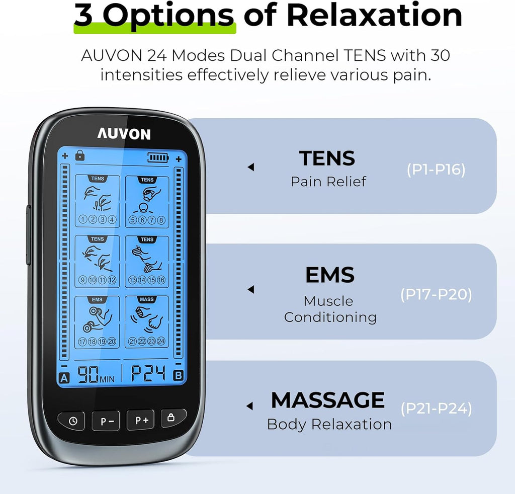 AUVON 3-in-1 TENS EMS Relax Muscle Stimulator for Pain Relief Therapy

