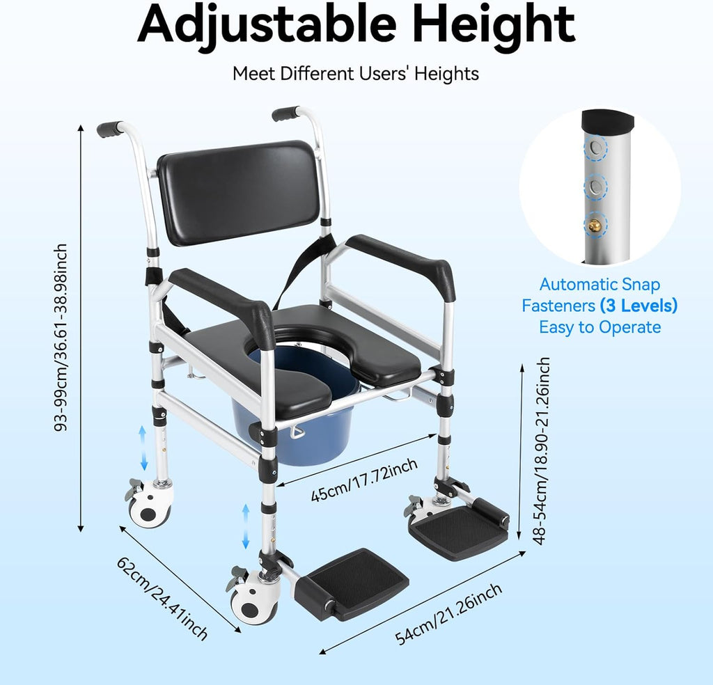 Shower Chair with Wheels and Arms, Adjustable Height Folding Commode Chair

