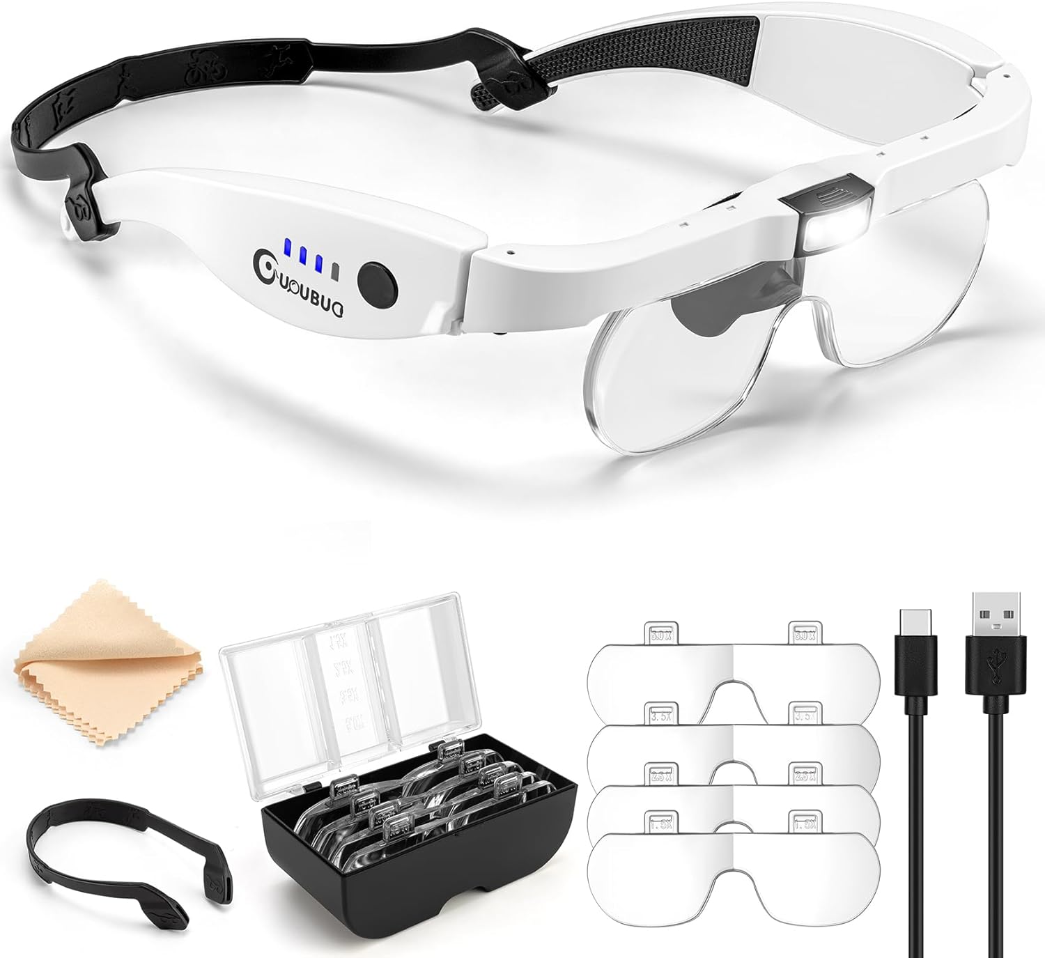 Rechargeable Head Magnifier with Light, Detachable Lenses 1.5X 2.5X 3.5X 5X

