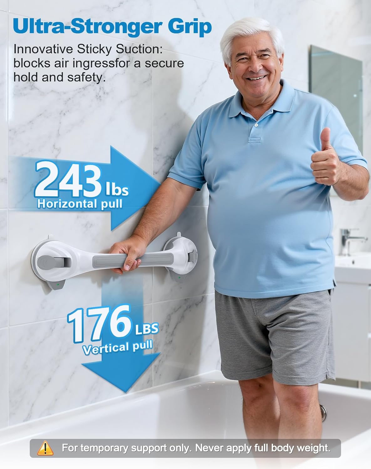 Shower Grab Bars for Seniors 16.7 in Anti-Slip Suction Cup Handle, 2-Pack

