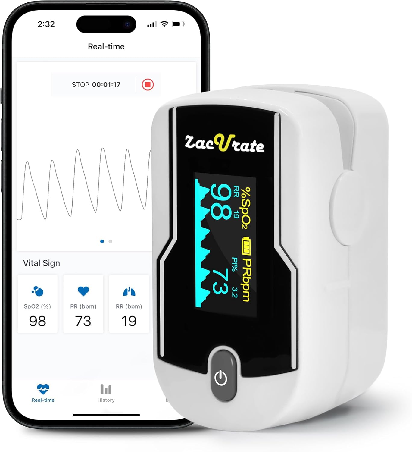Zacurate 500E-B Wireless Bluetooth Fingertip Pulse Oximeter with App, SpO2 & Heart Rate

