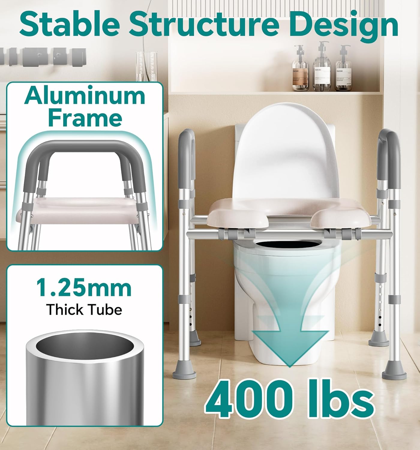 Soundfuse Raised Toilet Seat Riser with Handles, Adjustable Height and Width, Padded

