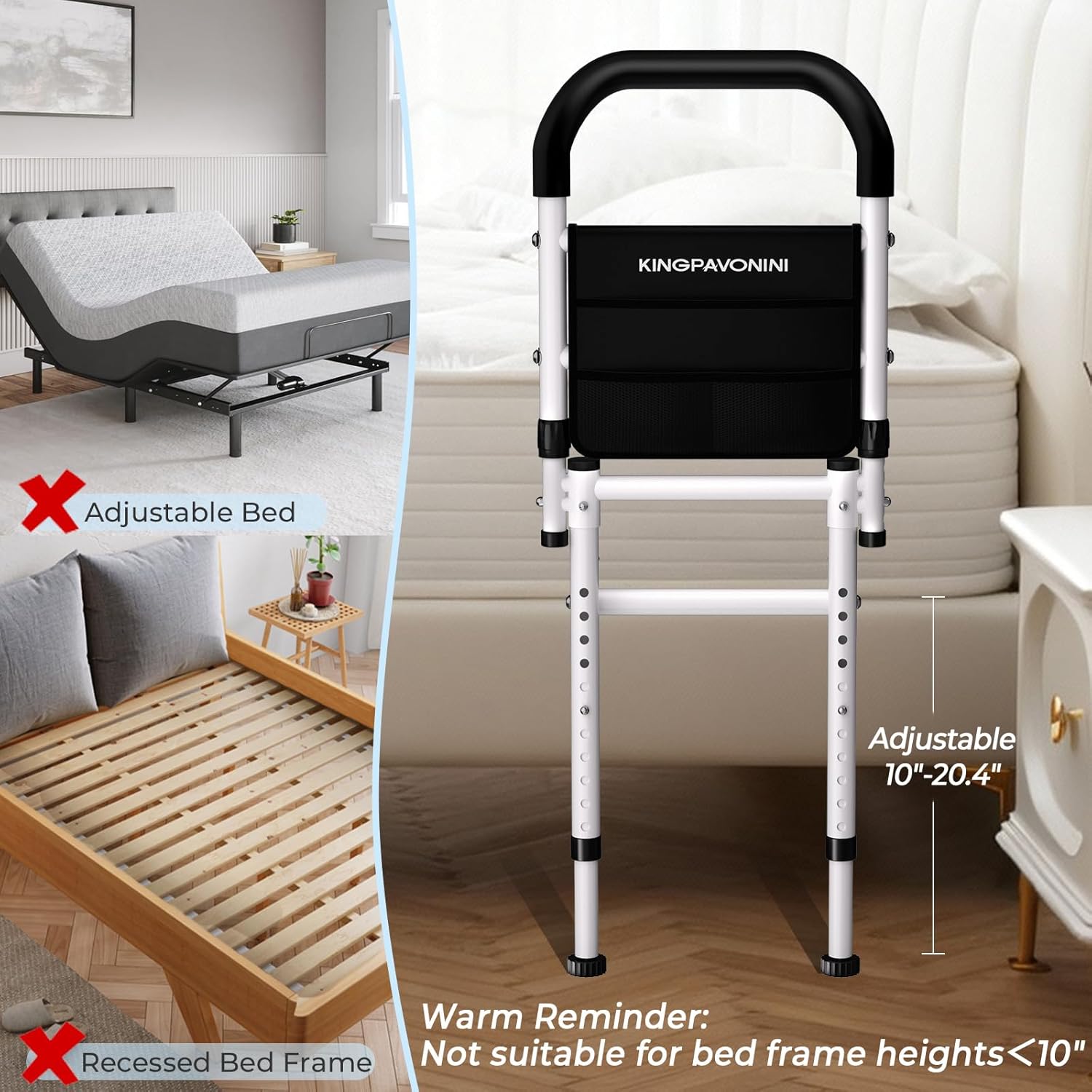 KingPavonini Bed Rails for Elderly Safety ASTM-Approved Bed Cane Anti-Wobble Feet

