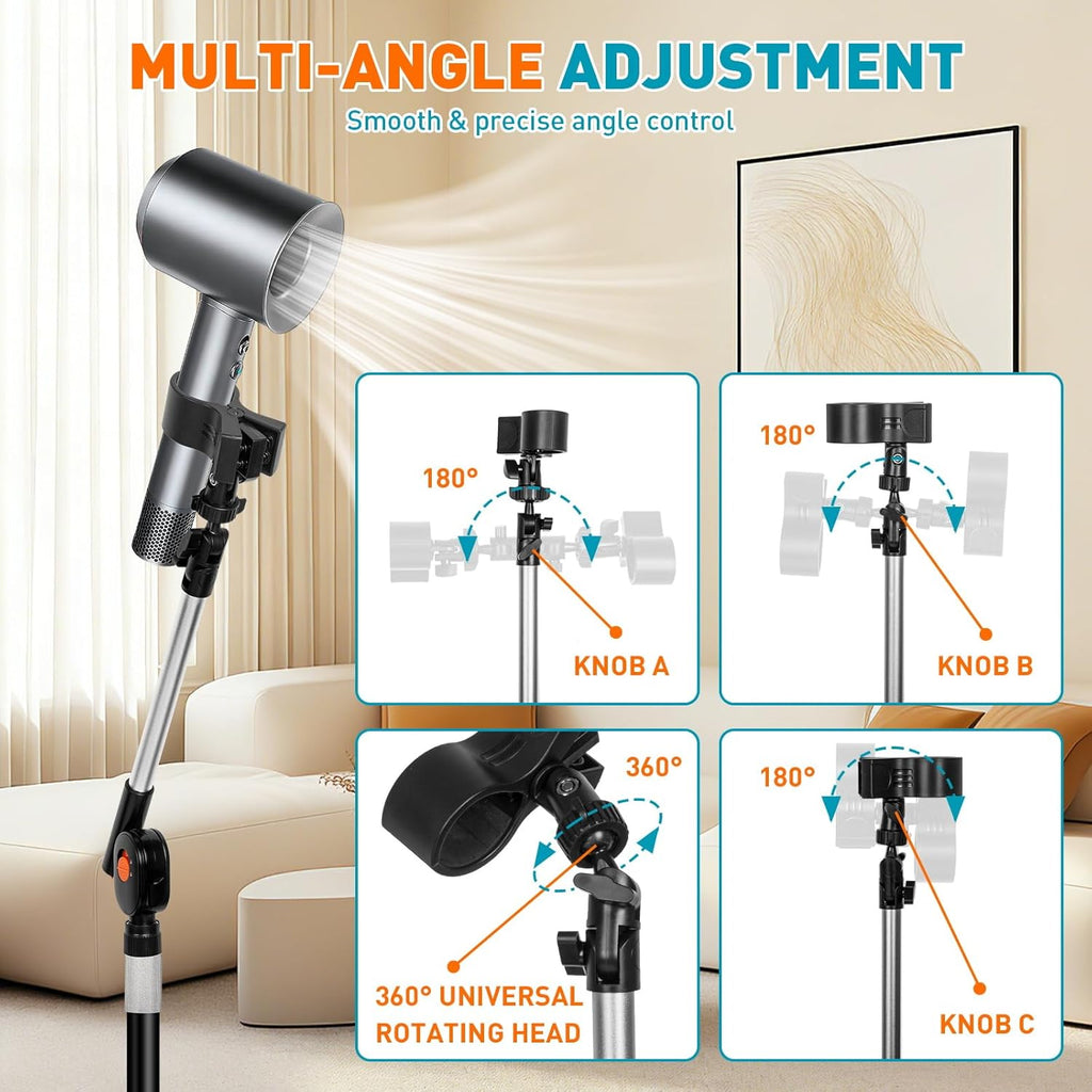 Hands Free Hair Dryer Stand with Rotary Lock, 360° Swivel & Adjustable Height Base

